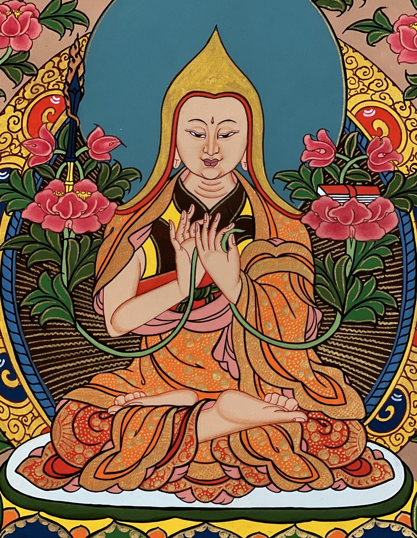 Original Hand - Painted Tsongkhapa/ Chongapa Masterpiece Tibetan Compassion / Meditation Thangka Thanka Painting With High - Quality Silk Frame - Tibetan Thangka Art