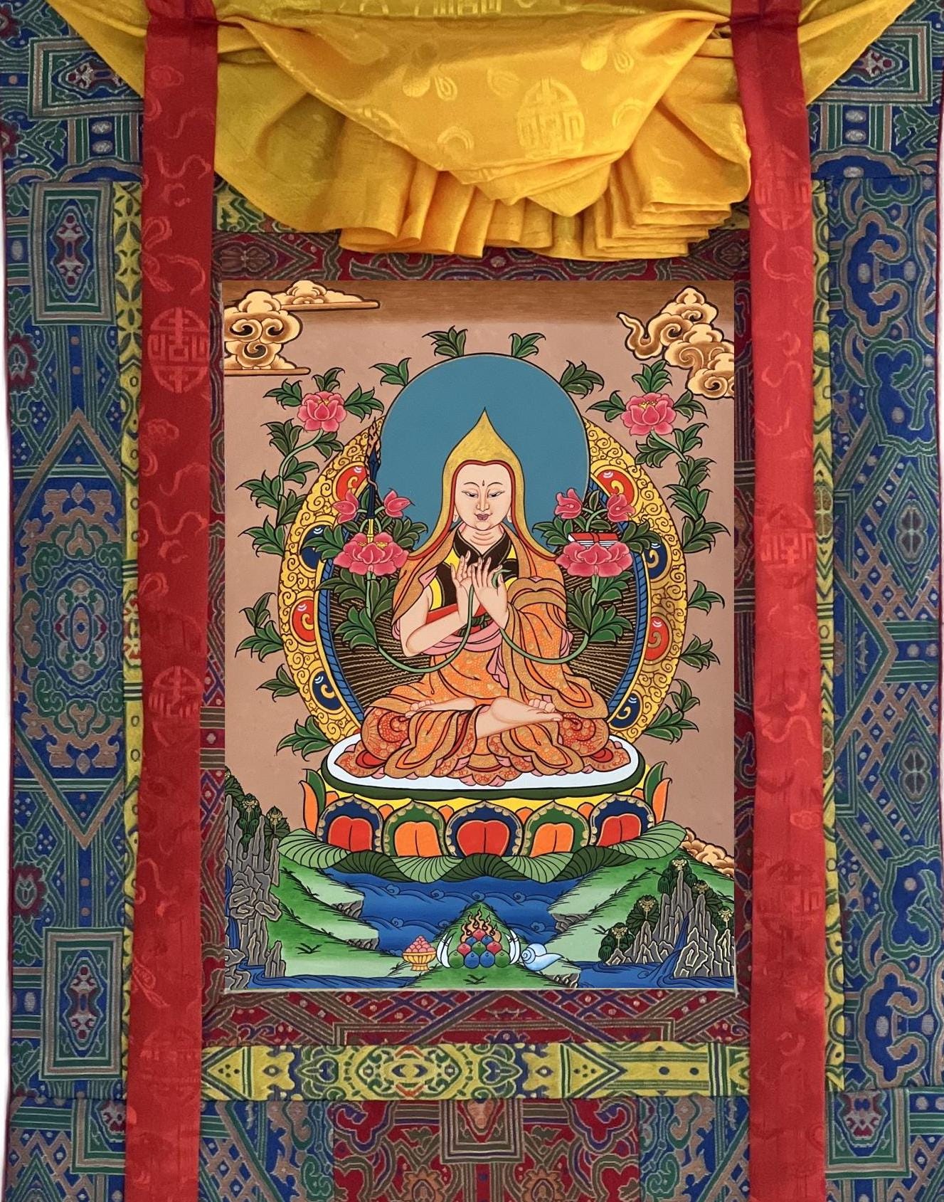 Original Hand - Painted Tsongkhapa/ Chongapa Masterpiece Tibetan Compassion / Meditation Thangka Thanka Painting With High - Quality Silk Frame - Tibetan Thangka Art