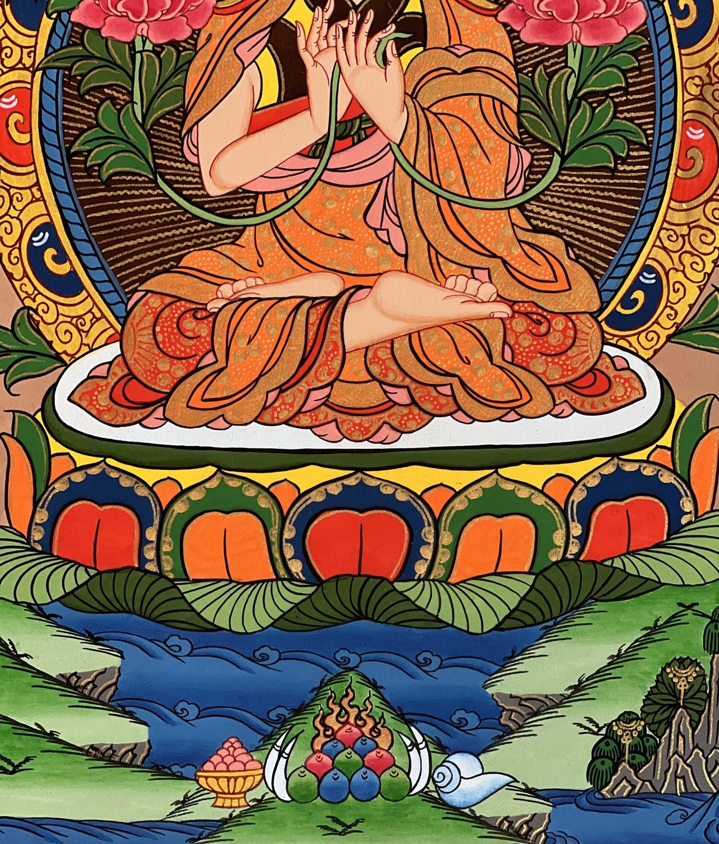 Original Hand - Painted Tsongkhapa/ Chongapa Masterpiece Tibetan Compassion / Meditation Thangka Thanka Painting With High - Quality Silk Frame - Tibetan Thangka Art