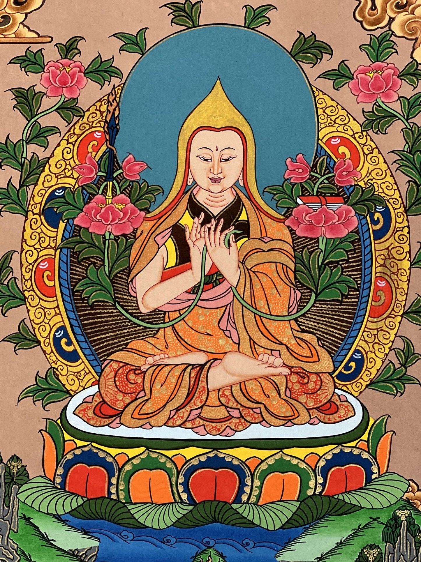 Original Hand - Painted Tsongkhapa/ Chongapa Masterpiece Tibetan Compassion / Meditation Thangka Thanka Painting With High - Quality Silk Frame - Tibetan Thangka Art