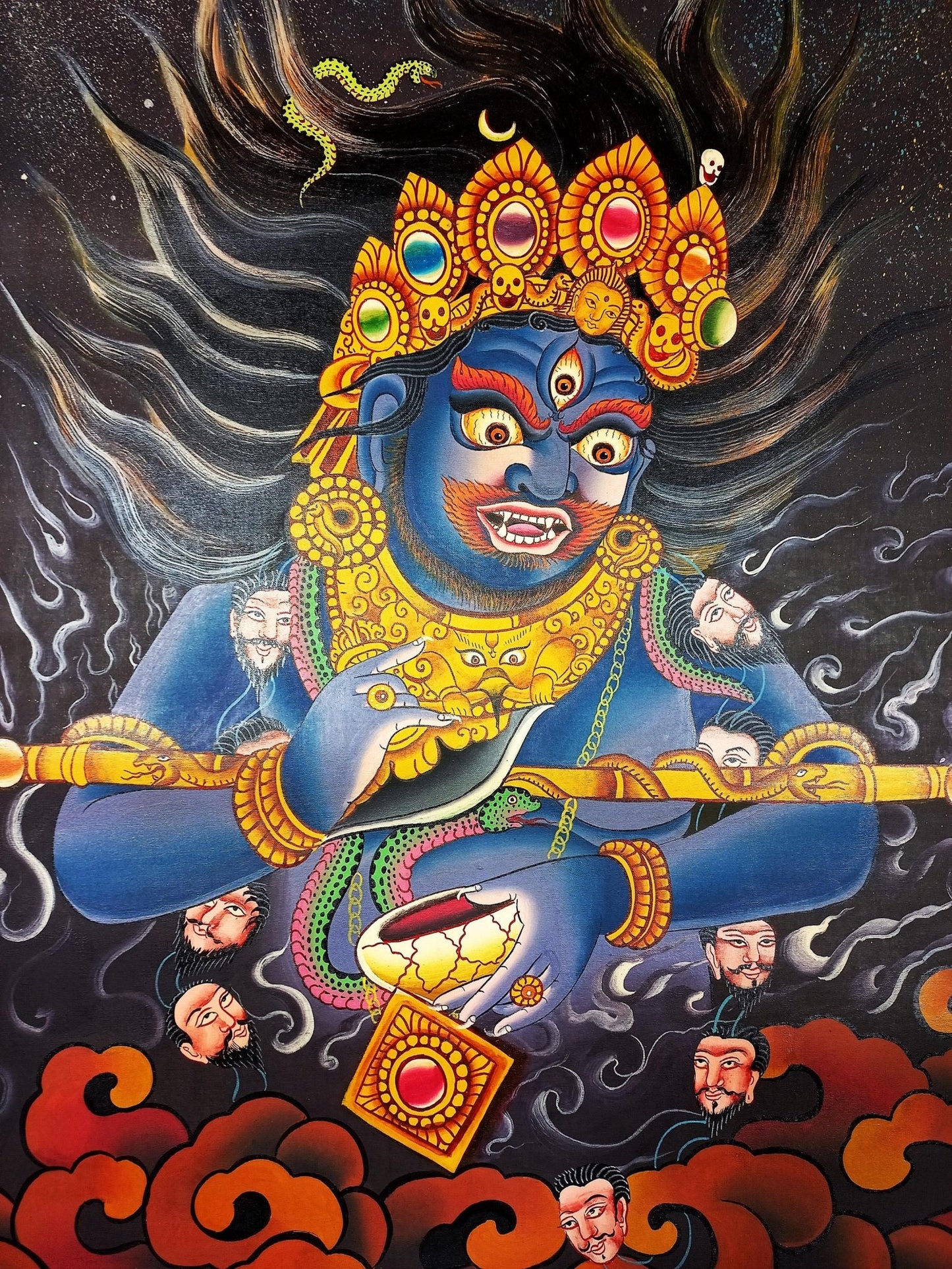 Original Hand Painted Two Armed Mahakala/ Mahankala Smoky Newari Style Tibetan Wall Hanging Meditation Thangka / Thanka Painting From Nepal - Tibetan Thangka Art
