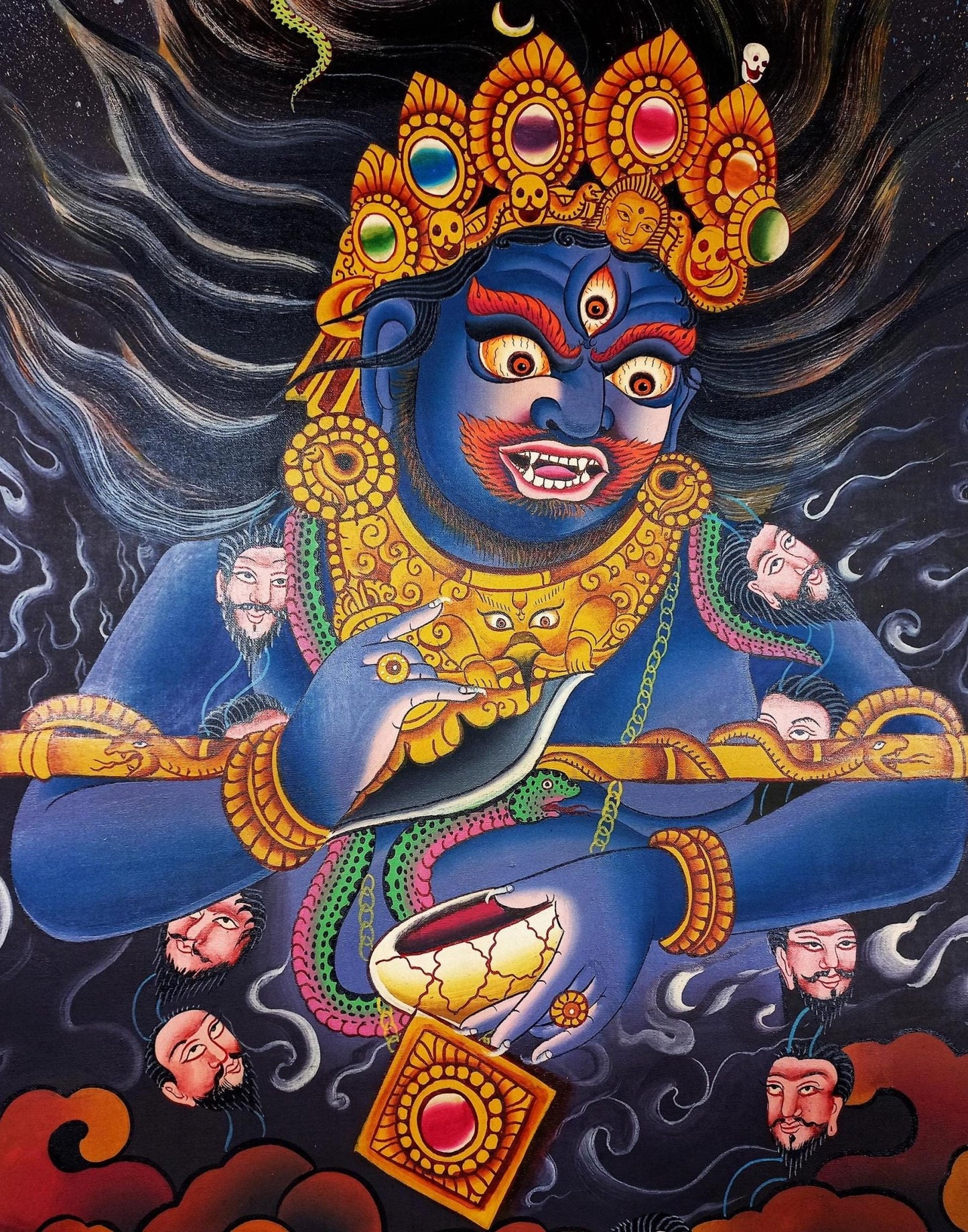 Original Hand Painted Two Armed Mahakala/ Mahankala Smoky Newari Style Tibetan Wall Hanging Meditation Thangka / Thanka Painting From Nepal - Tibetan Thangka Art