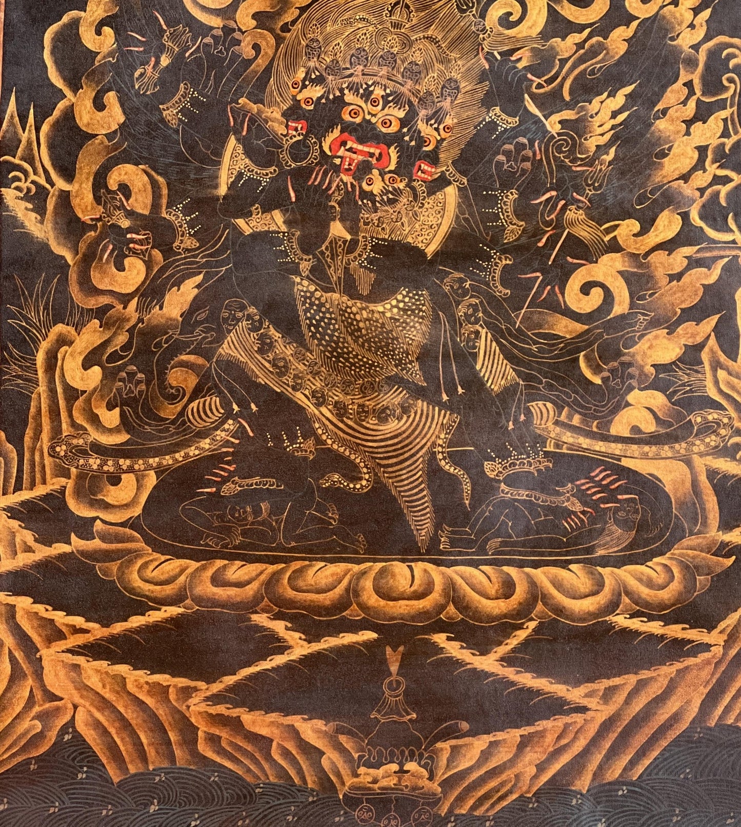 Original Hand - painted Vajrakilaya/ Phurbakilaya/ Dorje Phurba Oil Varnished Black N Gold Tibetan Thangka Painting with Silk Brocade - Tibetan Thangka Art