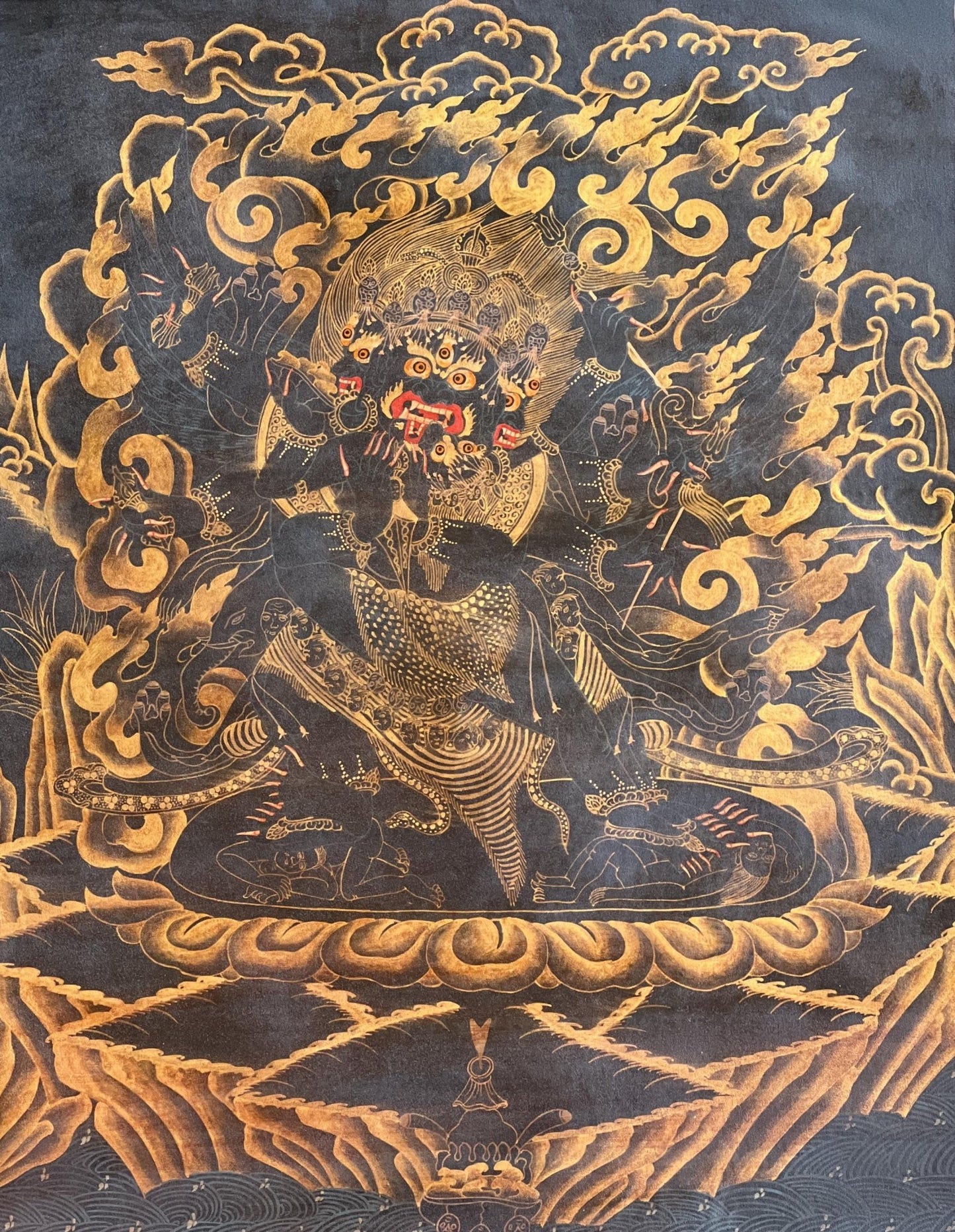 Original Hand - painted Vajrakilaya/ Phurbakilaya/ Dorje Phurba Oil Varnished Black N Gold Tibetan Thangka Painting with Silk Brocade - Tibetan Thangka Art
