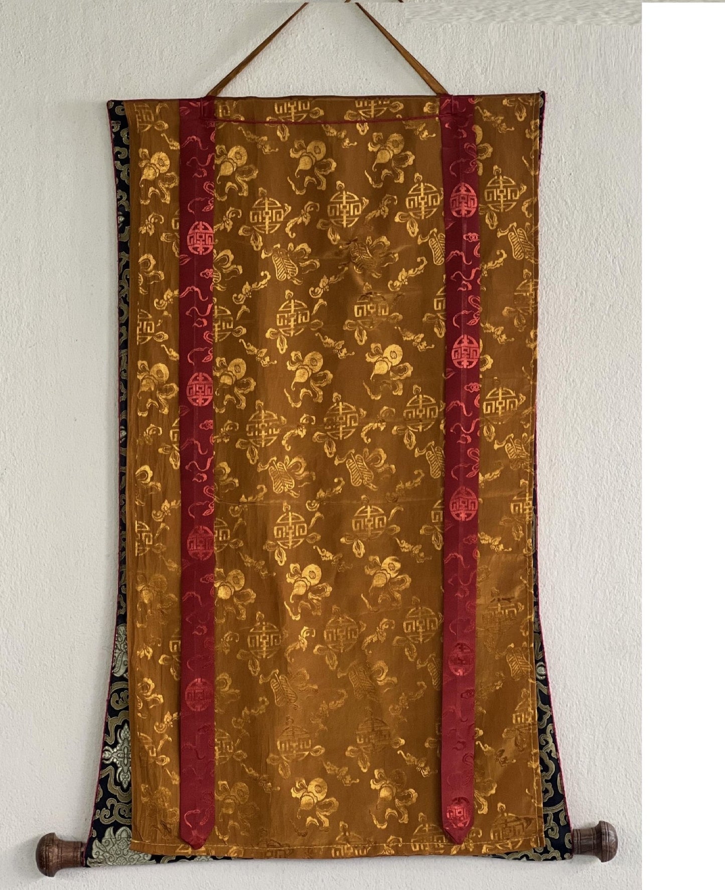 Original Hand - painted Vajrakilaya/ Phurbakilaya/ Dorje Phurba Oil Varnished Black N Gold Tibetan Thangka Painting with Silk Brocade - Tibetan Thangka Art