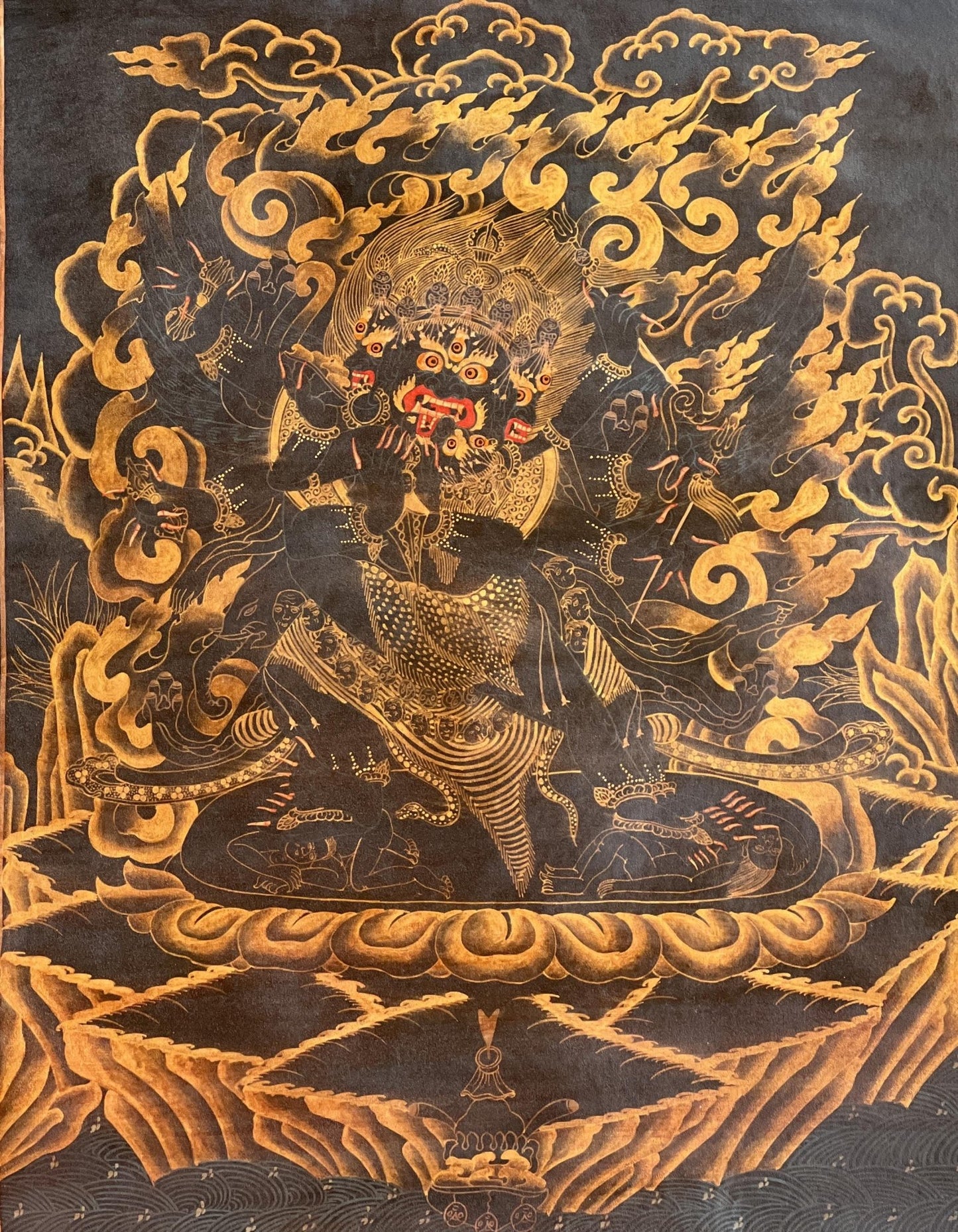 Original Hand - painted Vajrakilaya/ Phurbakilaya/ Dorje Phurba Oil Varnished Black N Gold Tibetan Thangka Painting with Silk Brocade - Tibetan Thangka Art