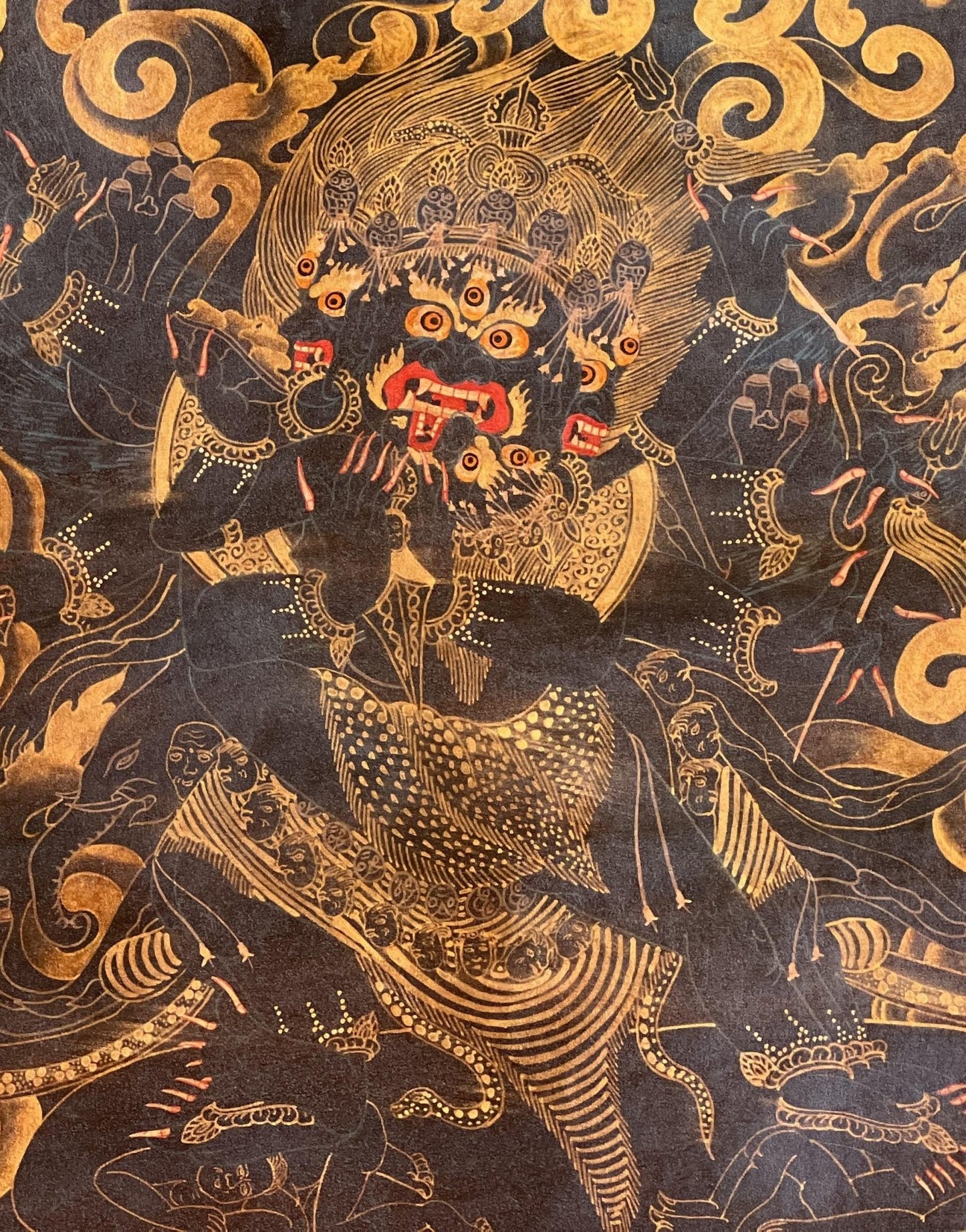 Original Hand - painted Vajrakilaya/ Phurbakilaya/ Dorje Phurba Oil Varnished Black N Gold Tibetan Thangka Painting with Silk Brocade - Tibetan Thangka Art