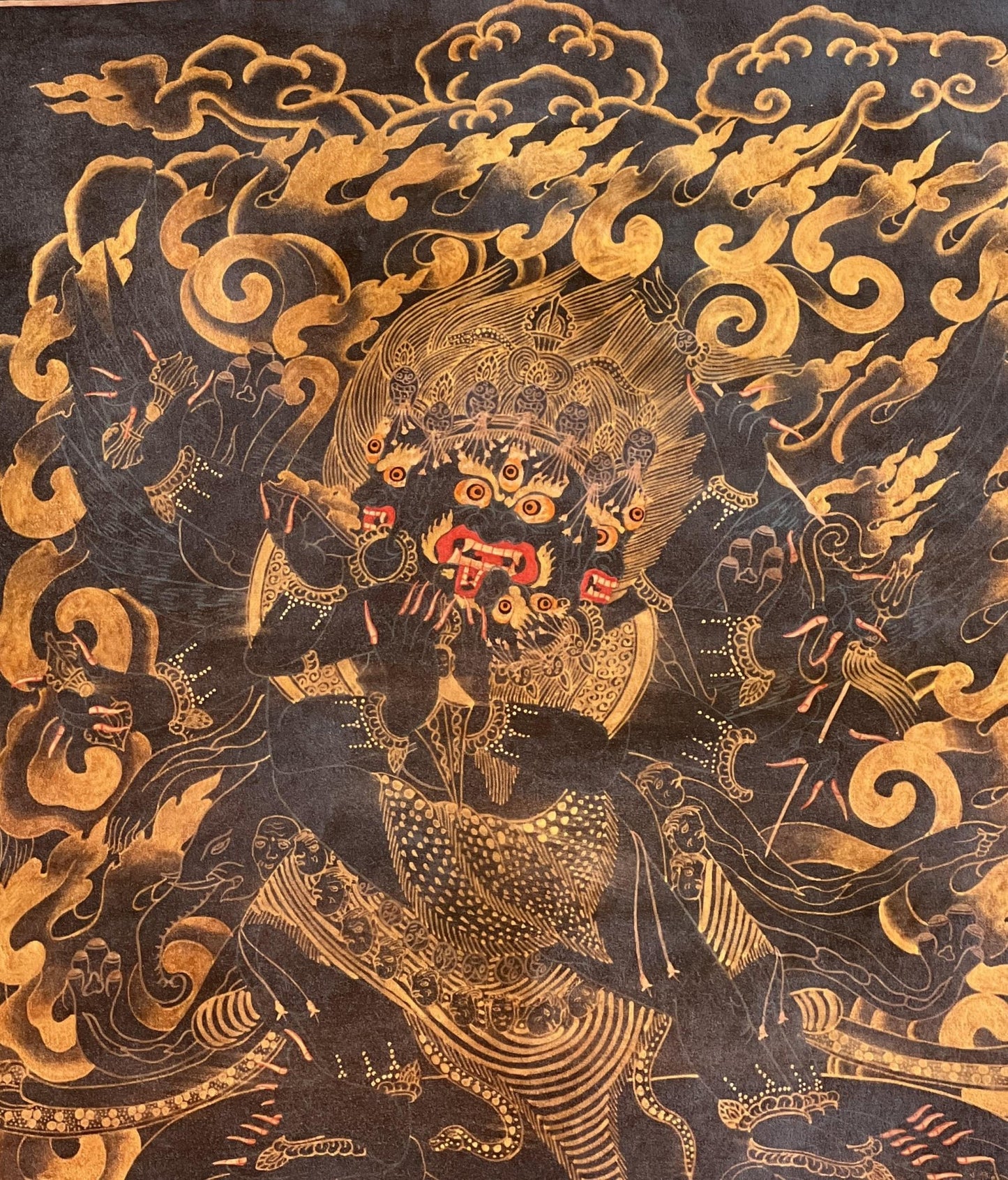 Original Hand - painted Vajrakilaya/ Phurbakilaya/ Dorje Phurba Oil Varnished Black N Gold Tibetan Thangka Painting with Silk Brocade - Tibetan Thangka Art