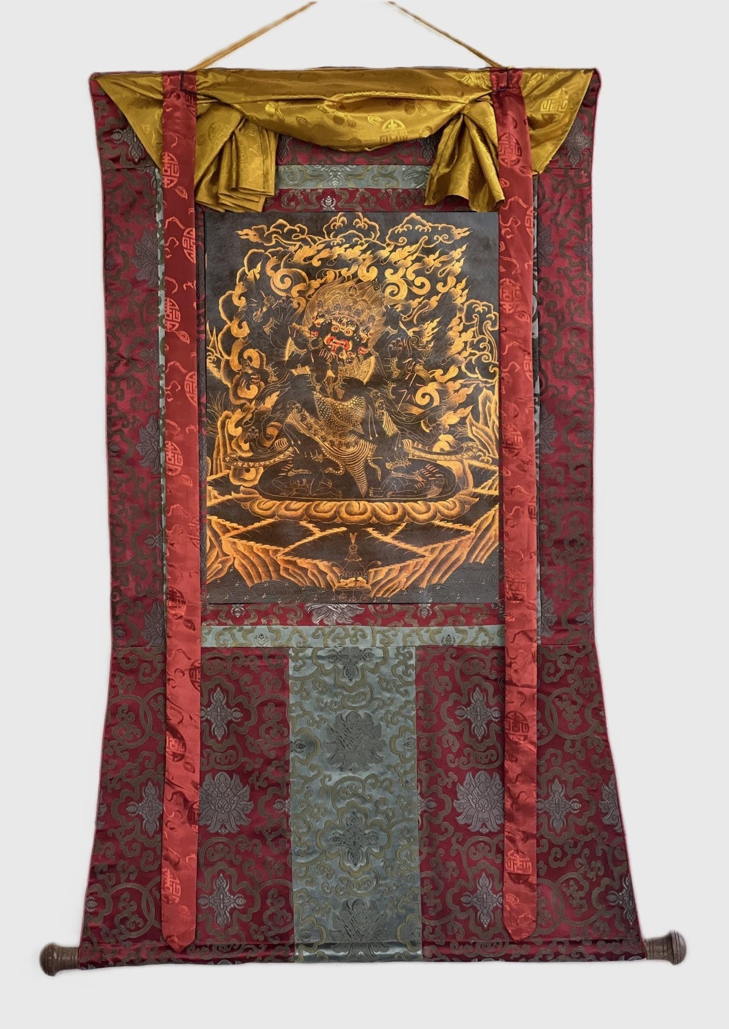 Original Hand - painted Vajrakilaya/ Phurbakilaya/ Dorje Phurba Oil Varnished Black N Gold Tibetan Thangka Painting with Silk Brocade - Tibetan Thangka Art