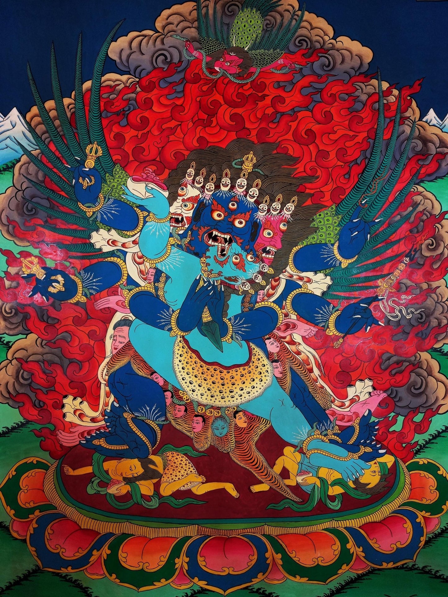 Original Hand - painted Vajrakilaya/ Phurbakilaya/ Dorje Phurba with Diptachakra Large Masterpiece Semi - Old Smoky Tibetan Thangka Painting - Tibetan Thangka Art