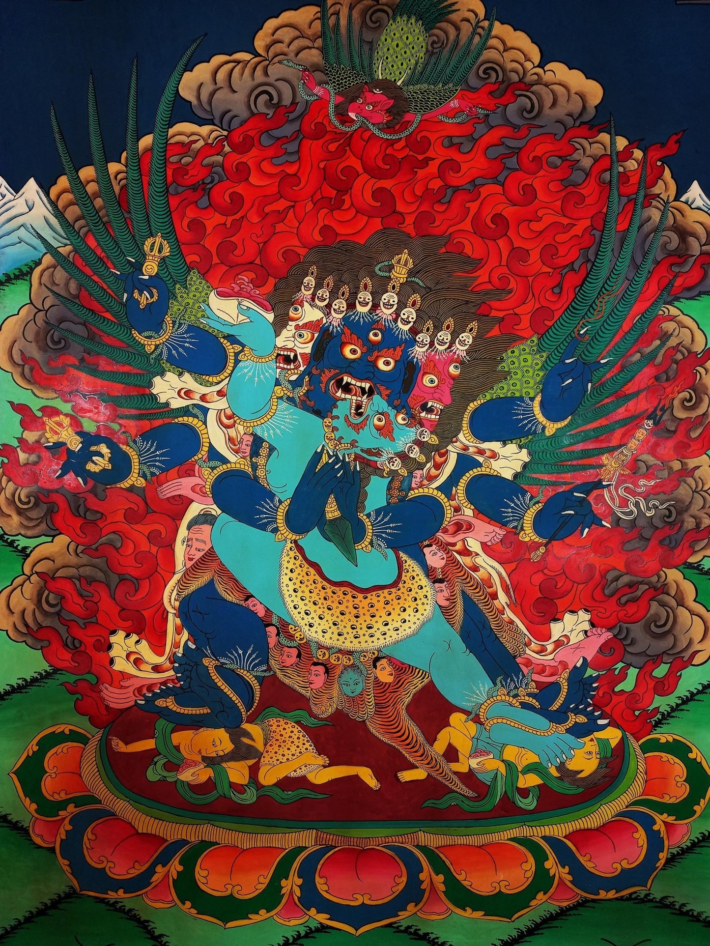 Original Hand - painted Vajrakilaya/ Phurbakilaya/ Dorje Phurba with Diptachakra Large Masterpiece Semi - Old Smoky Tibetan Thangka Painting - Tibetan Thangka Art