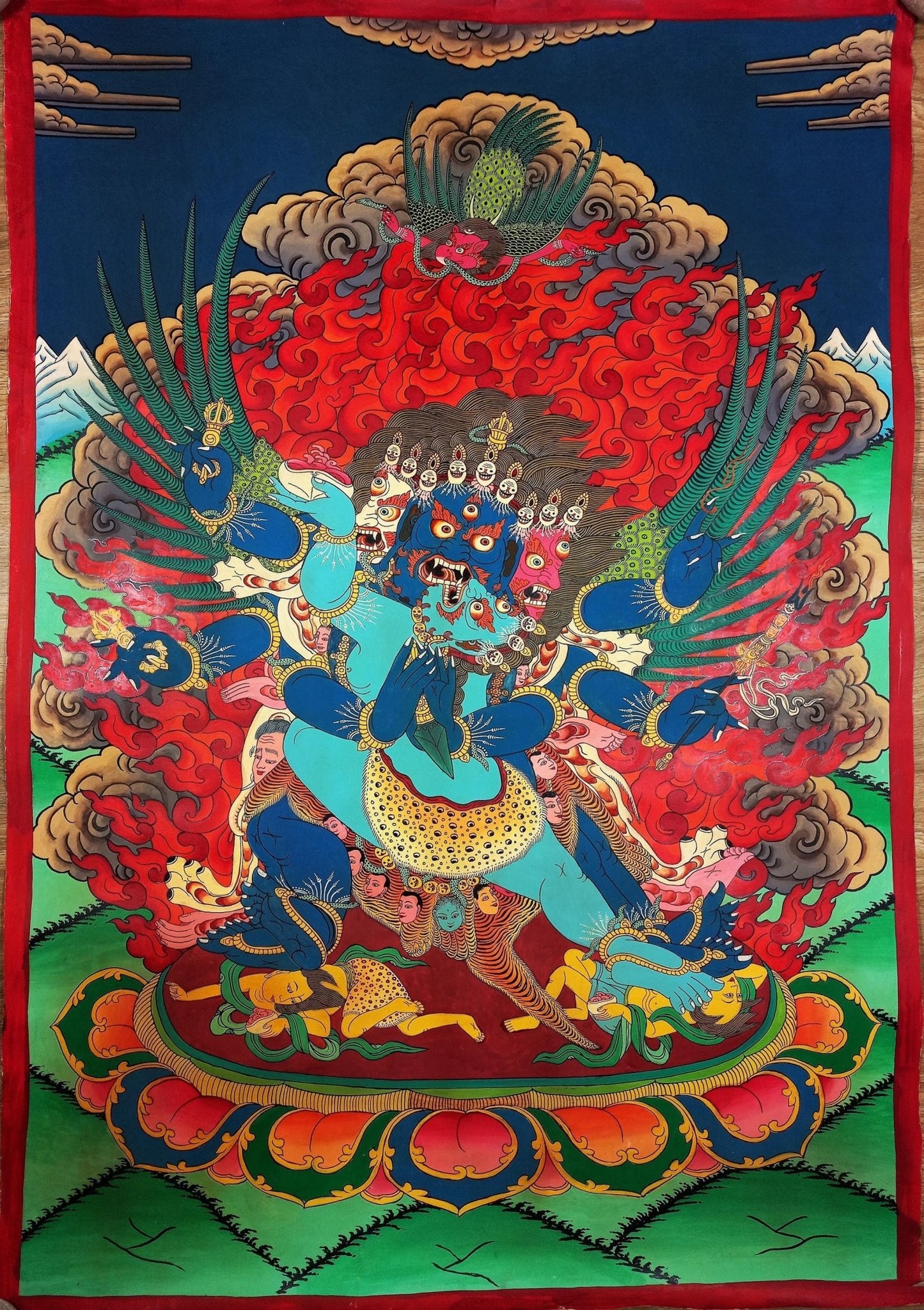 Original Hand - painted Vajrakilaya/ Phurbakilaya/ Dorje Phurba with Diptachakra Large Masterpiece Semi - Old Smoky Tibetan Thangka Painting - Tibetan Thangka Art