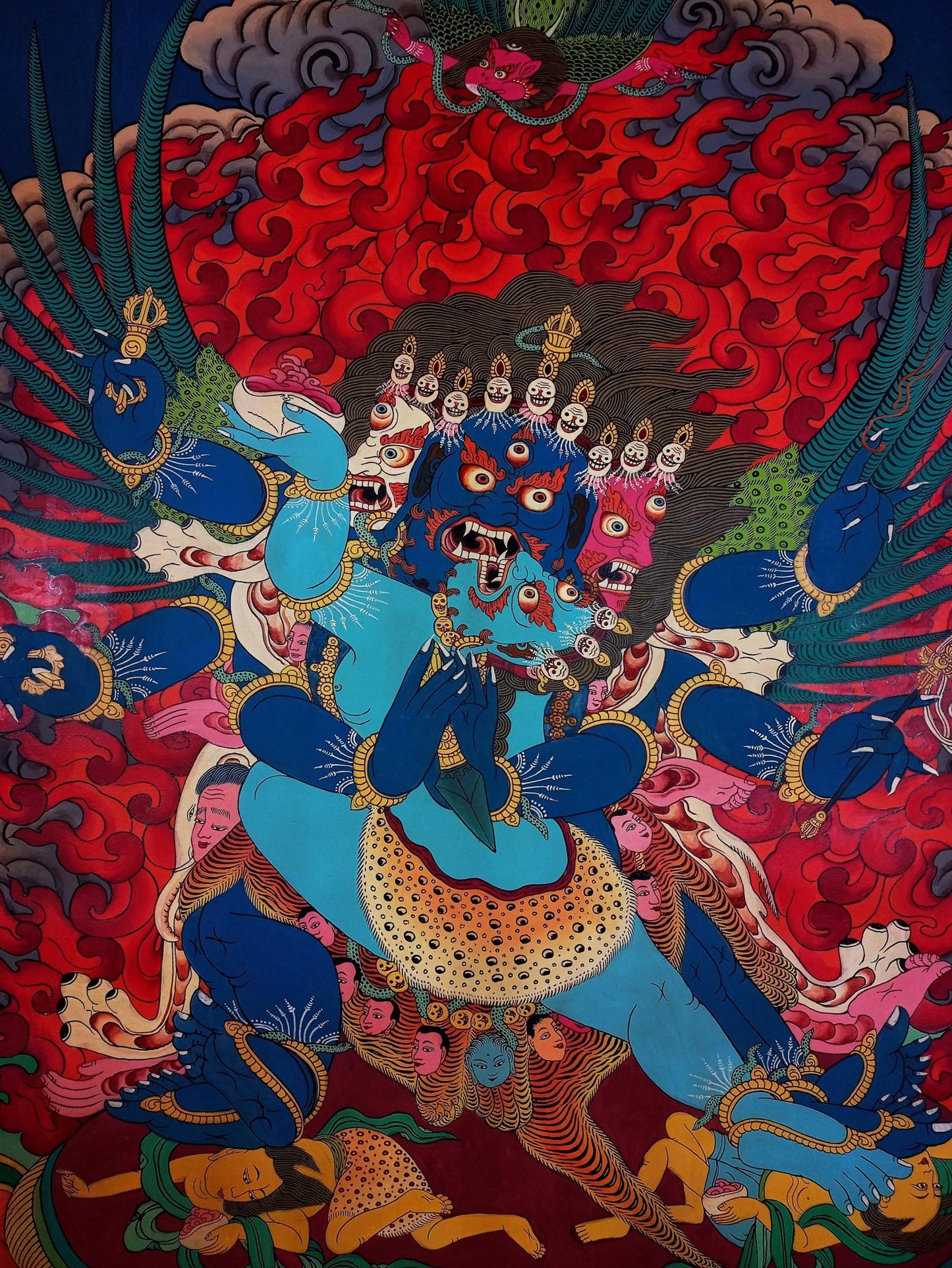 Original Hand - painted Vajrakilaya/ Phurbakilaya/ Dorje Phurba with Diptachakra Large Masterpiece Semi - Old Smoky Tibetan Thangka Painting - Tibetan Thangka Art