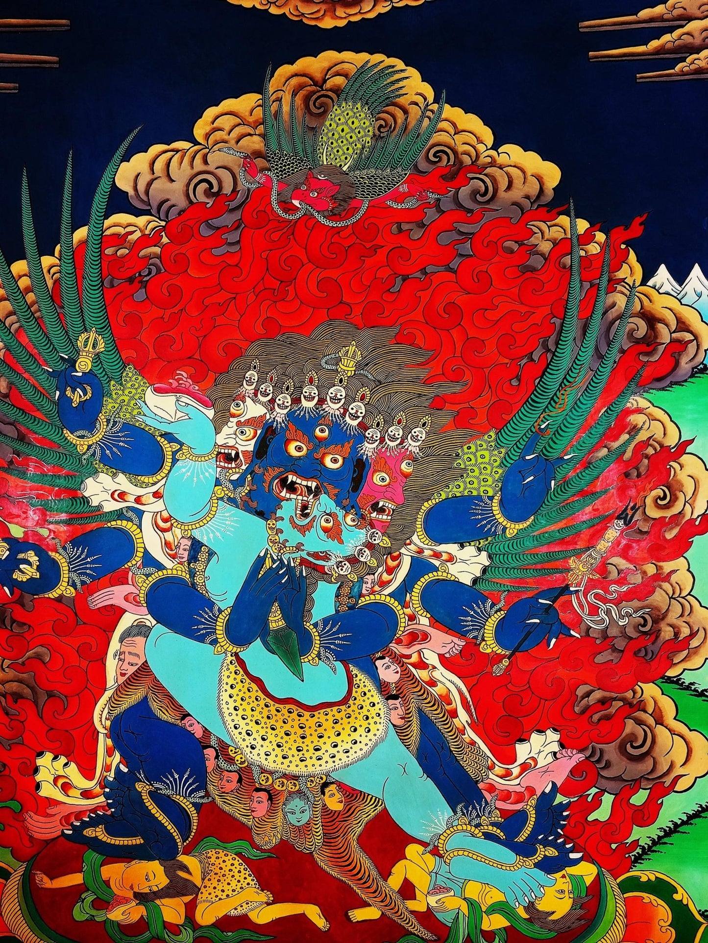 Original Hand - painted Vajrakilaya/ Phurbakilaya/ Dorje Phurba with Diptachakra Large Masterpiece Semi - Old Smoky Tibetan Thangka Painting - Tibetan Thangka Art