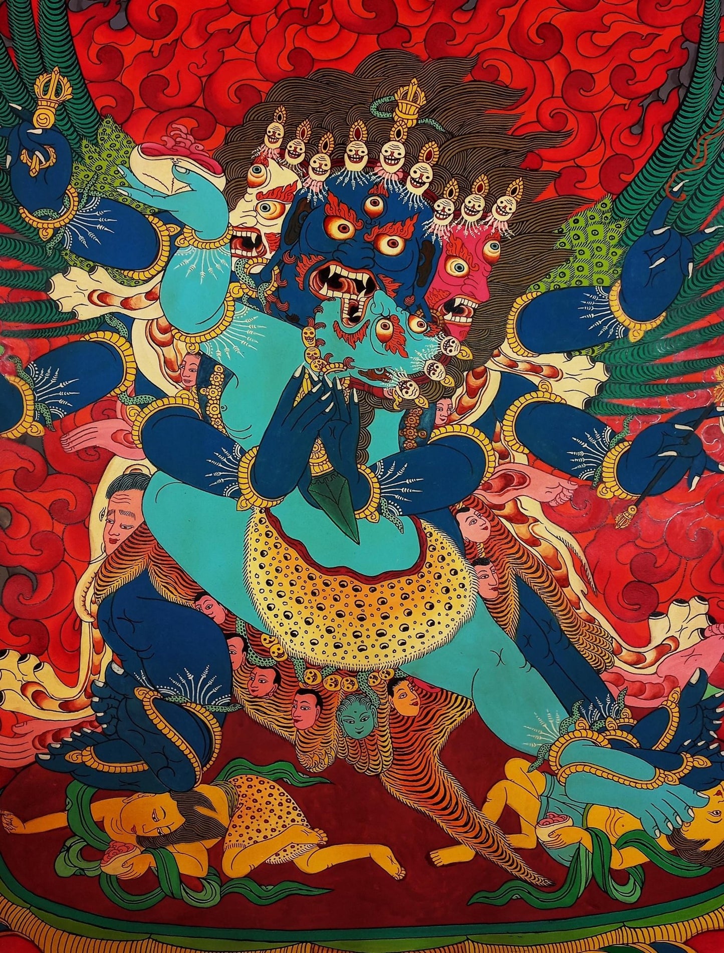 Original Hand - painted Vajrakilaya/ Phurbakilaya/ Dorje Phurba with Diptachakra Large Masterpiece Semi - Old Smoky Tibetan Thangka Painting - Tibetan Thangka Art