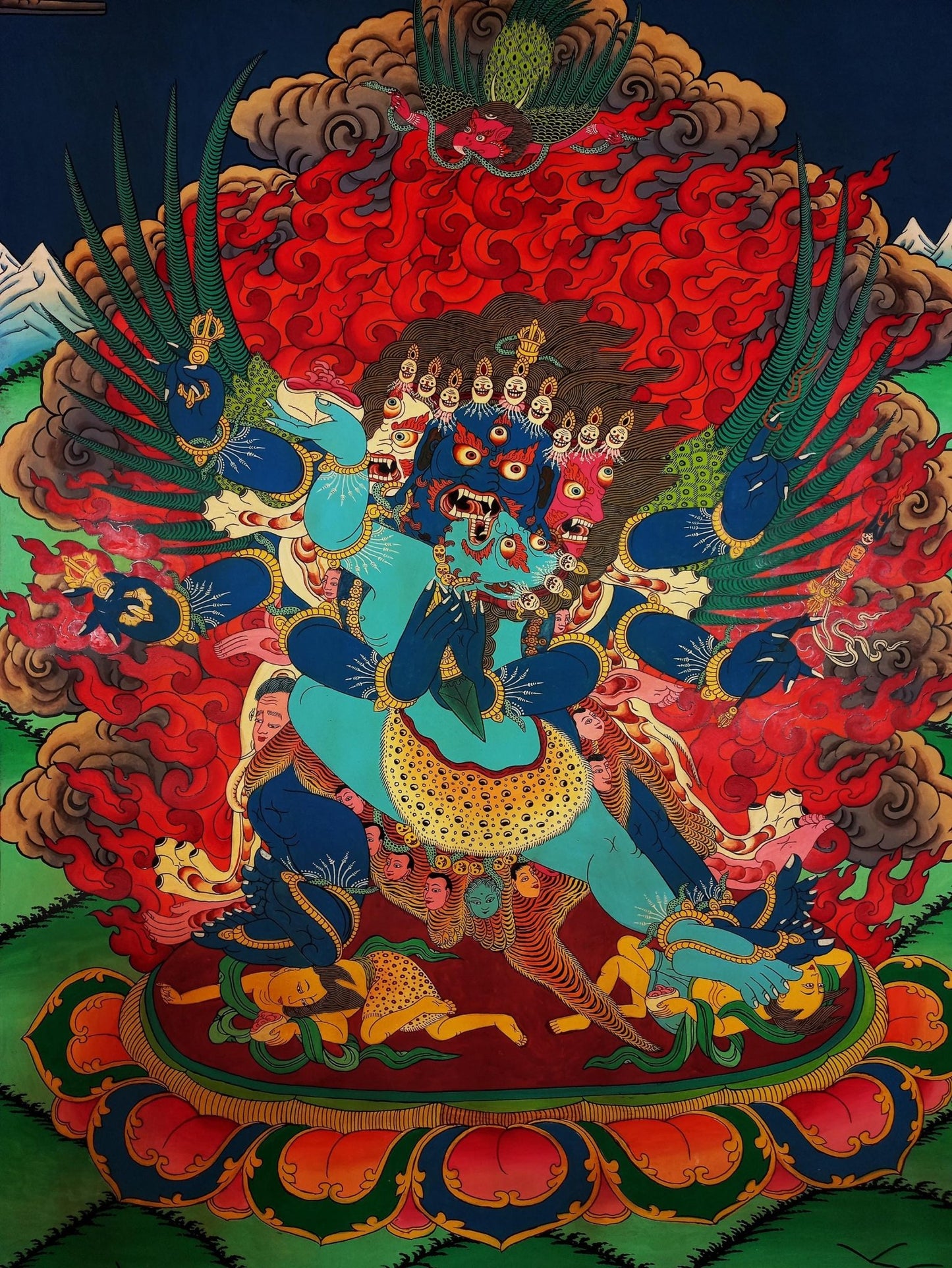 Original Hand - painted Vajrakilaya/ Phurbakilaya/ Dorje Phurba with Diptachakra Large Masterpiece Semi - Old Smoky Tibetan Thangka Painting - Tibetan Thangka Art