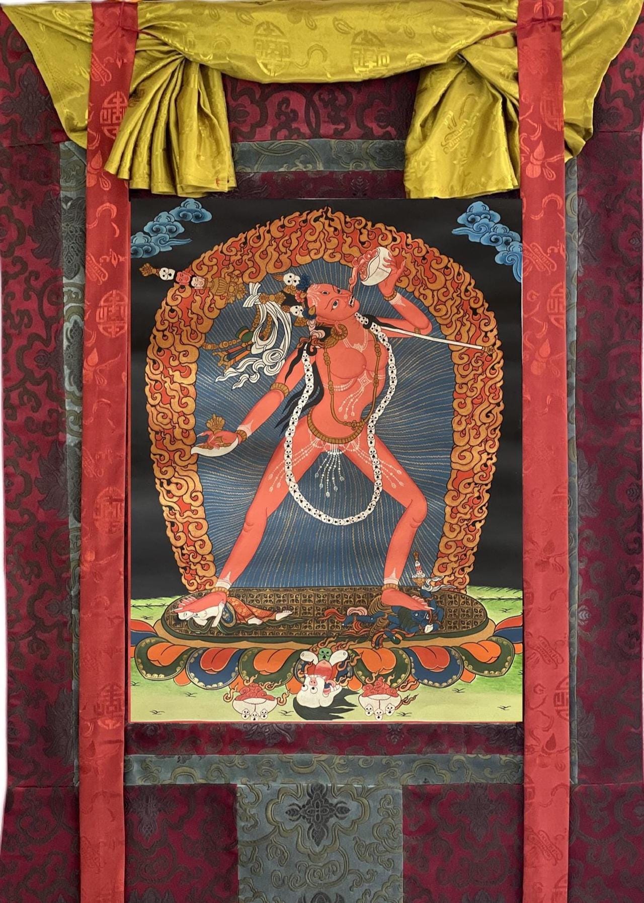Original Hand - Painted Vajrayogini Thangka | Tibetan Tantra Art | Smoky Masterpiece with Silk Brocade | Unique Yogini/Jogini Decor - Tibetan Thangka Art