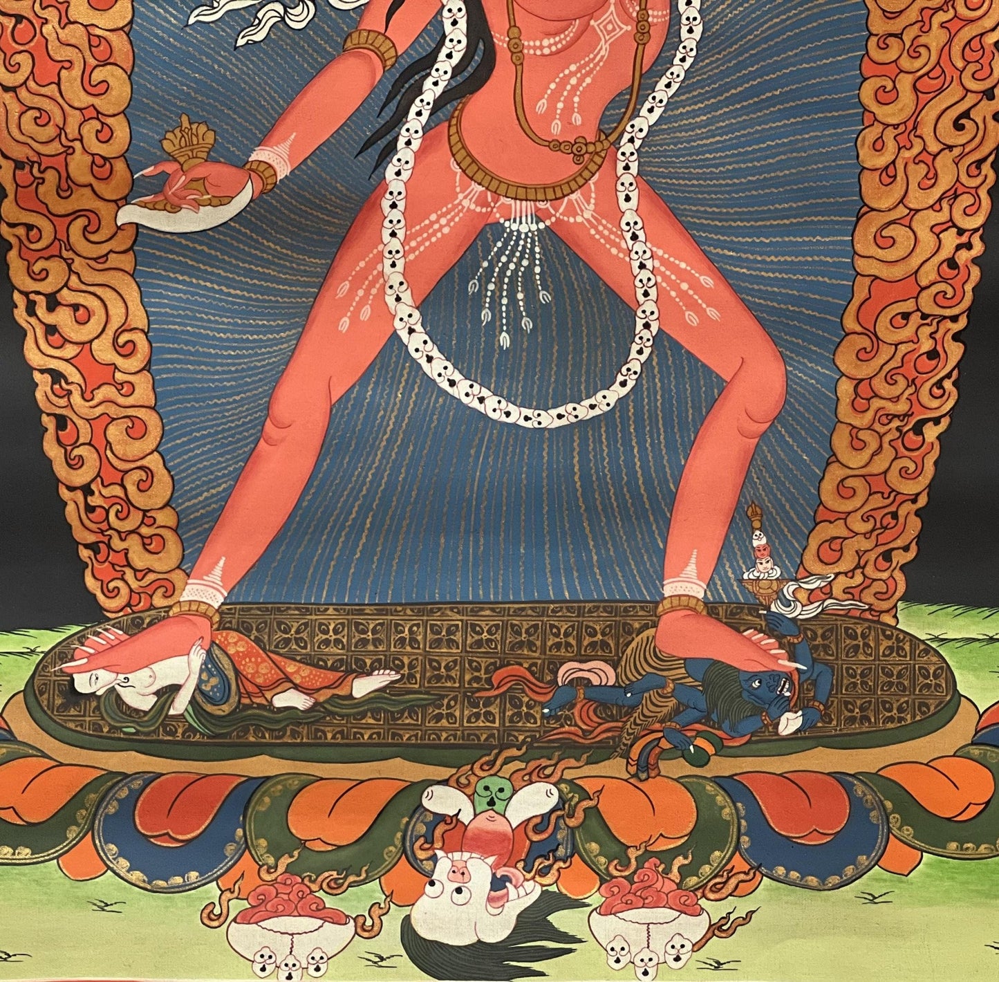 Original Hand - Painted Vajrayogini Thangka | Tibetan Tantra Art | Smoky Masterpiece with Silk Brocade | Unique Yogini/Jogini Decor - Tibetan Thangka Art