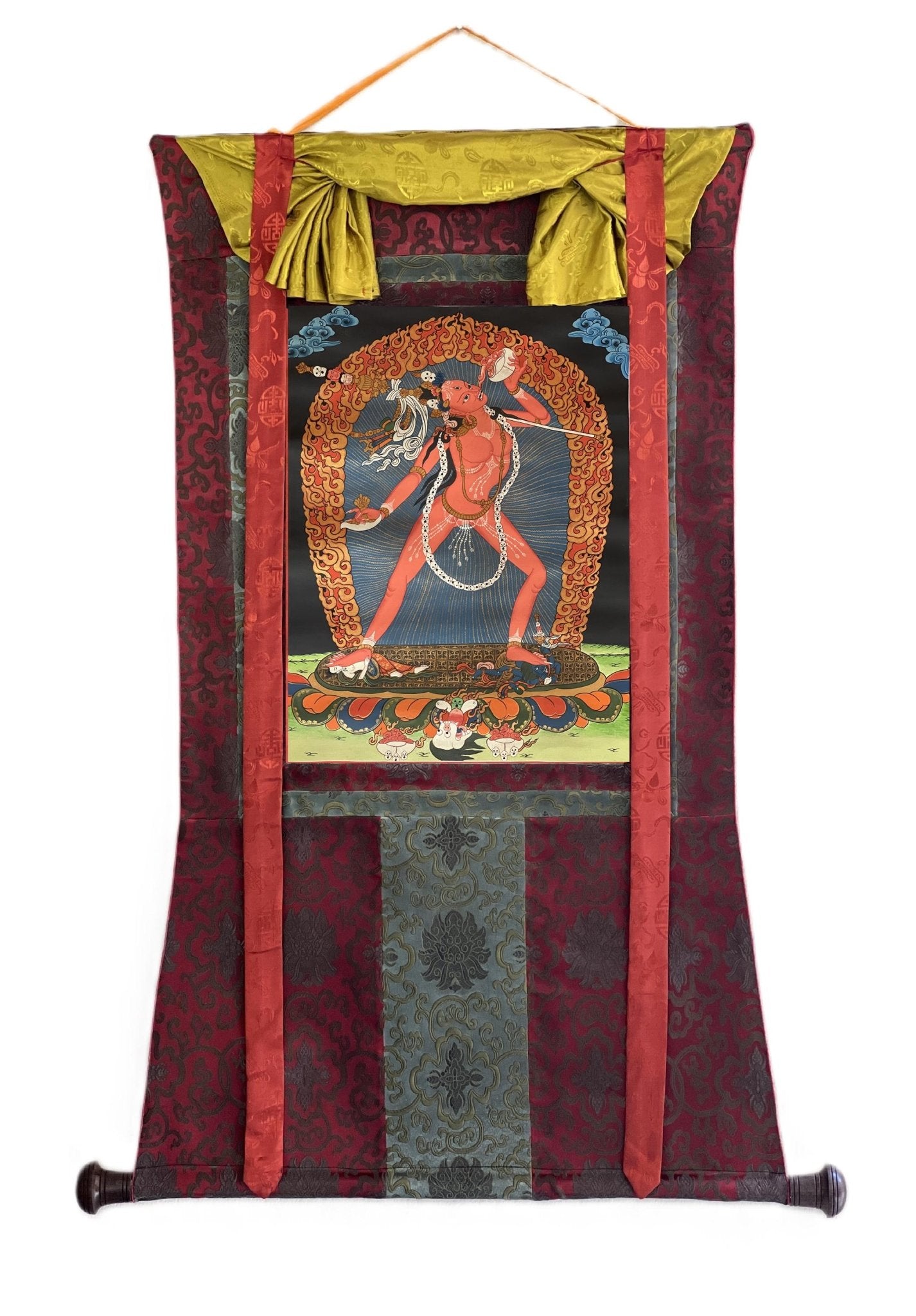 Original Hand - Painted Vajrayogini Thangka | Tibetan Tantra Art | Smoky Masterpiece with Silk Brocade | Unique Yogini/Jogini Decor - Tibetan Thangka Art