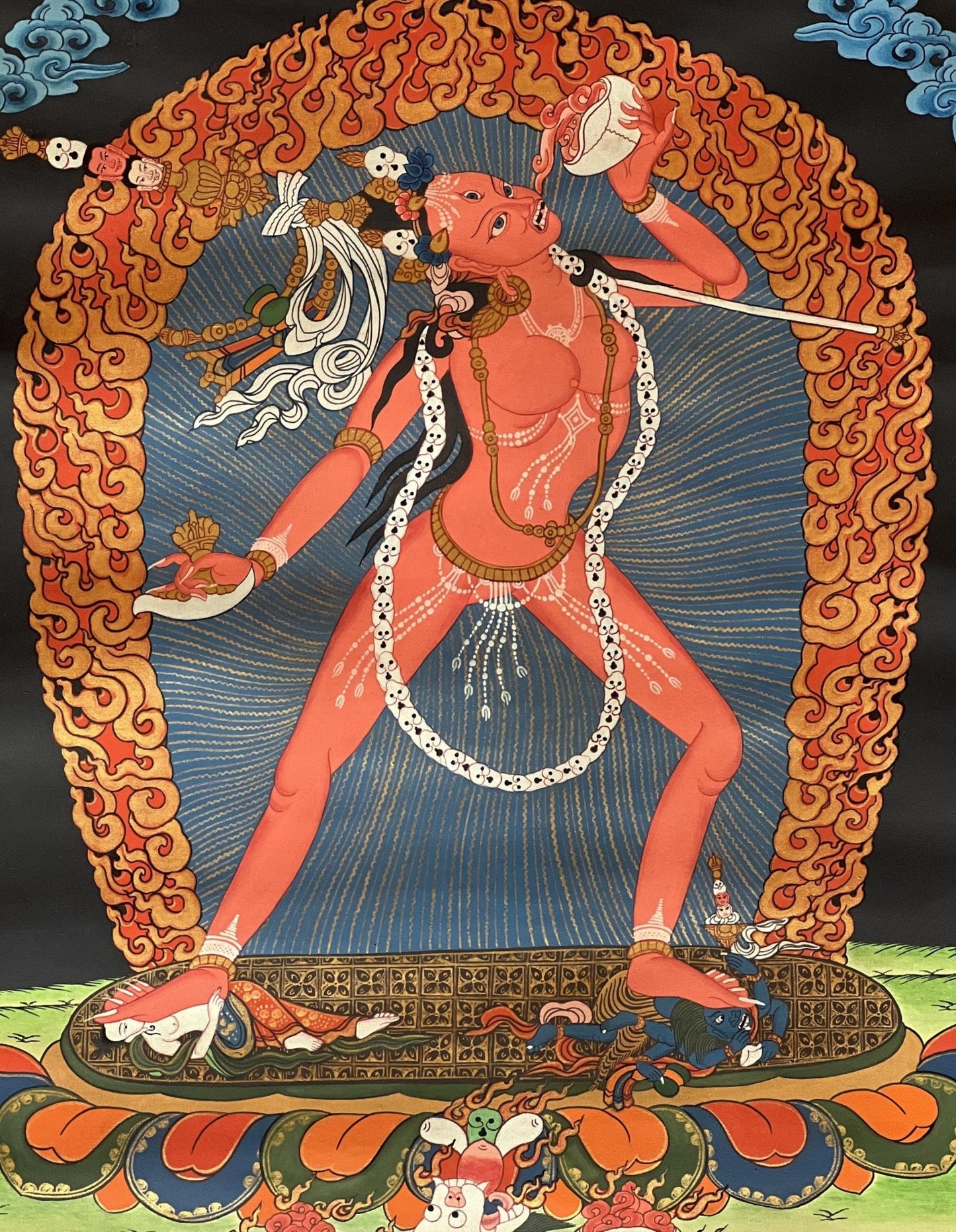 Original Hand - Painted Vajrayogini Thangka | Tibetan Tantra Art | Smoky Masterpiece with Silk Brocade | Unique Yogini/Jogini Decor - Tibetan Thangka Art