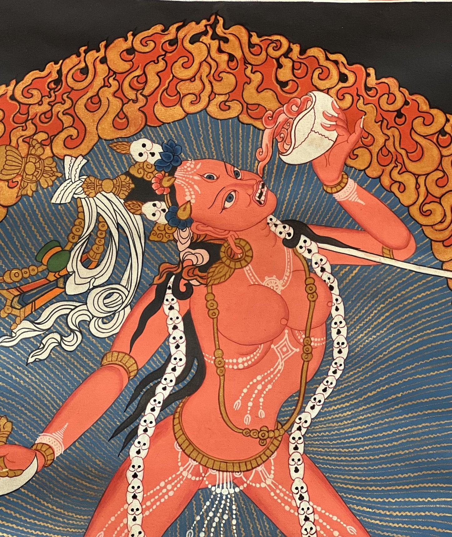 Original Hand - Painted Vajrayogini Thangka | Tibetan Tantra Art | Smoky Masterpiece with Silk Brocade | Unique Yogini/Jogini Decor - Tibetan Thangka Art