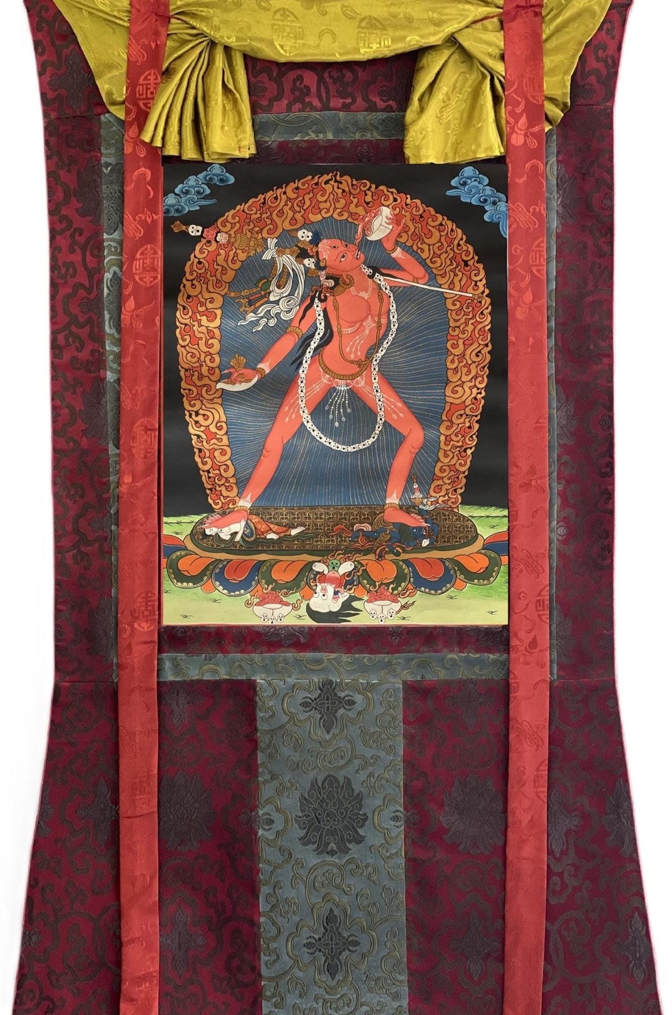 Original Hand - Painted Vajrayogini Thangka | Tibetan Tantra Art | Smoky Masterpiece with Silk Brocade | Unique Yogini/Jogini Decor - Tibetan Thangka Art