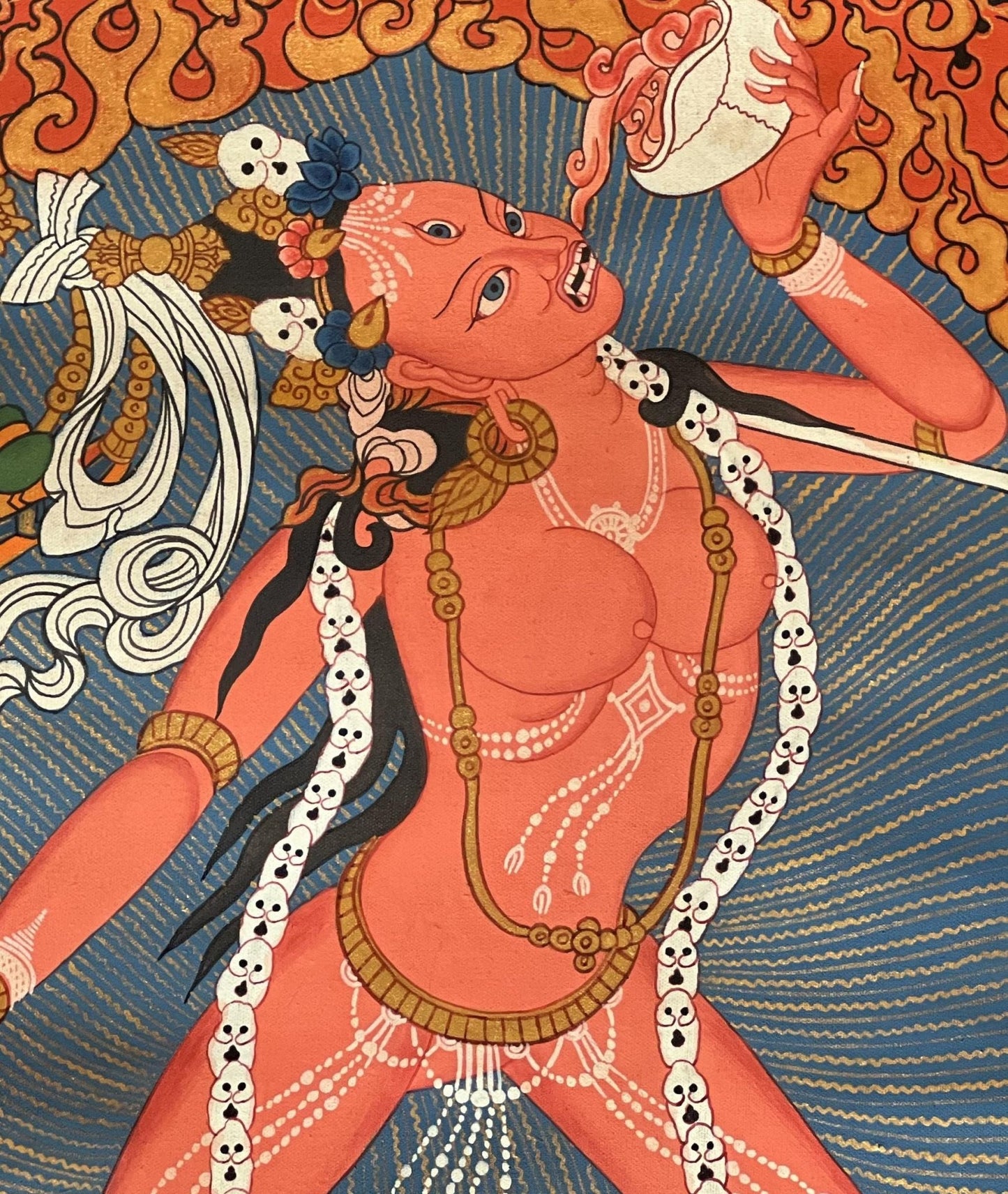 Original Hand - Painted Vajrayogini Thangka | Tibetan Tantra Art | Smoky Masterpiece with Silk Brocade | Unique Yogini/Jogini Decor - Tibetan Thangka Art