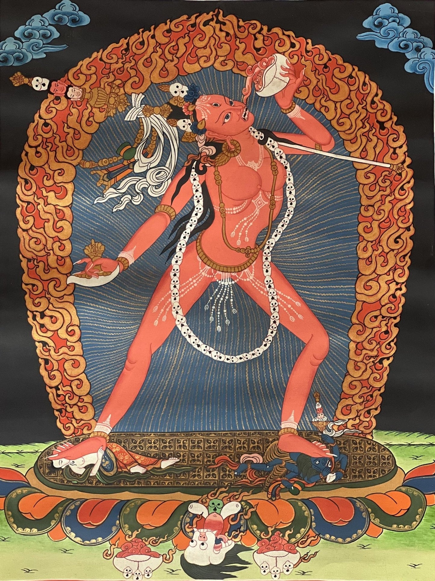 Original Hand - Painted Vajrayogini Thangka | Tibetan Tantra Art | Smoky Masterpiece with Silk Brocade | Unique Yogini/Jogini Decor - Tibetan Thangka Art