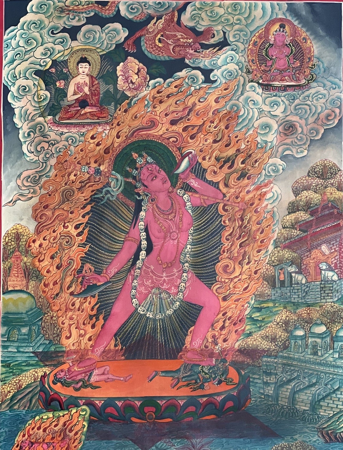 Original Hand - Painted Vajrayogini/ Yogini/ Jogini Exquisite Masterpiece Old Newari Paubha/ Pauva Thangka Painting/ Yogini Tantra Art - Tibetan Thangka Art