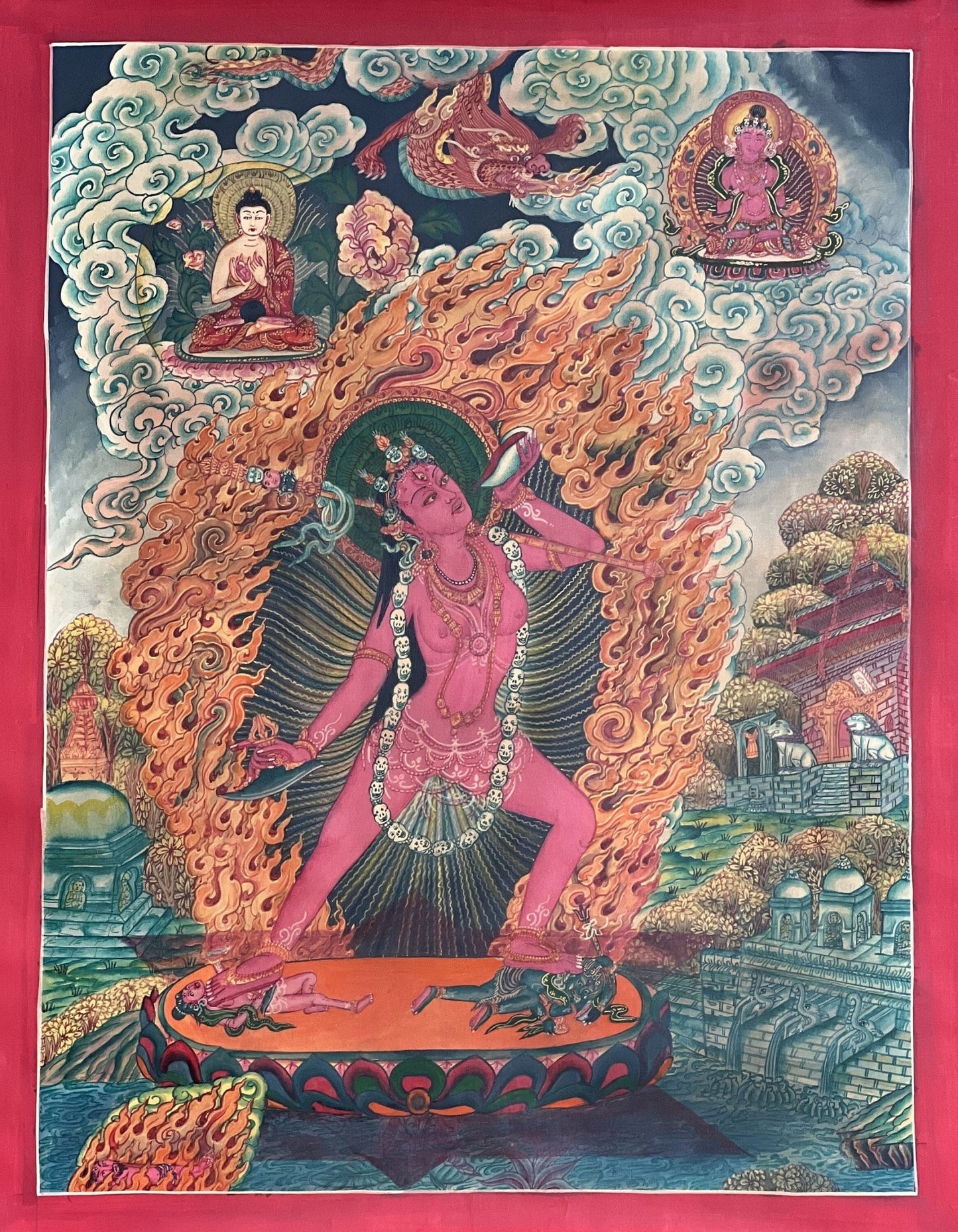 Original Hand - Painted Vajrayogini/ Yogini/ Jogini Exquisite Masterpiece Old Newari Paubha/ Pauva Thangka Painting/ Yogini Tantra Art - Tibetan Thangka Art