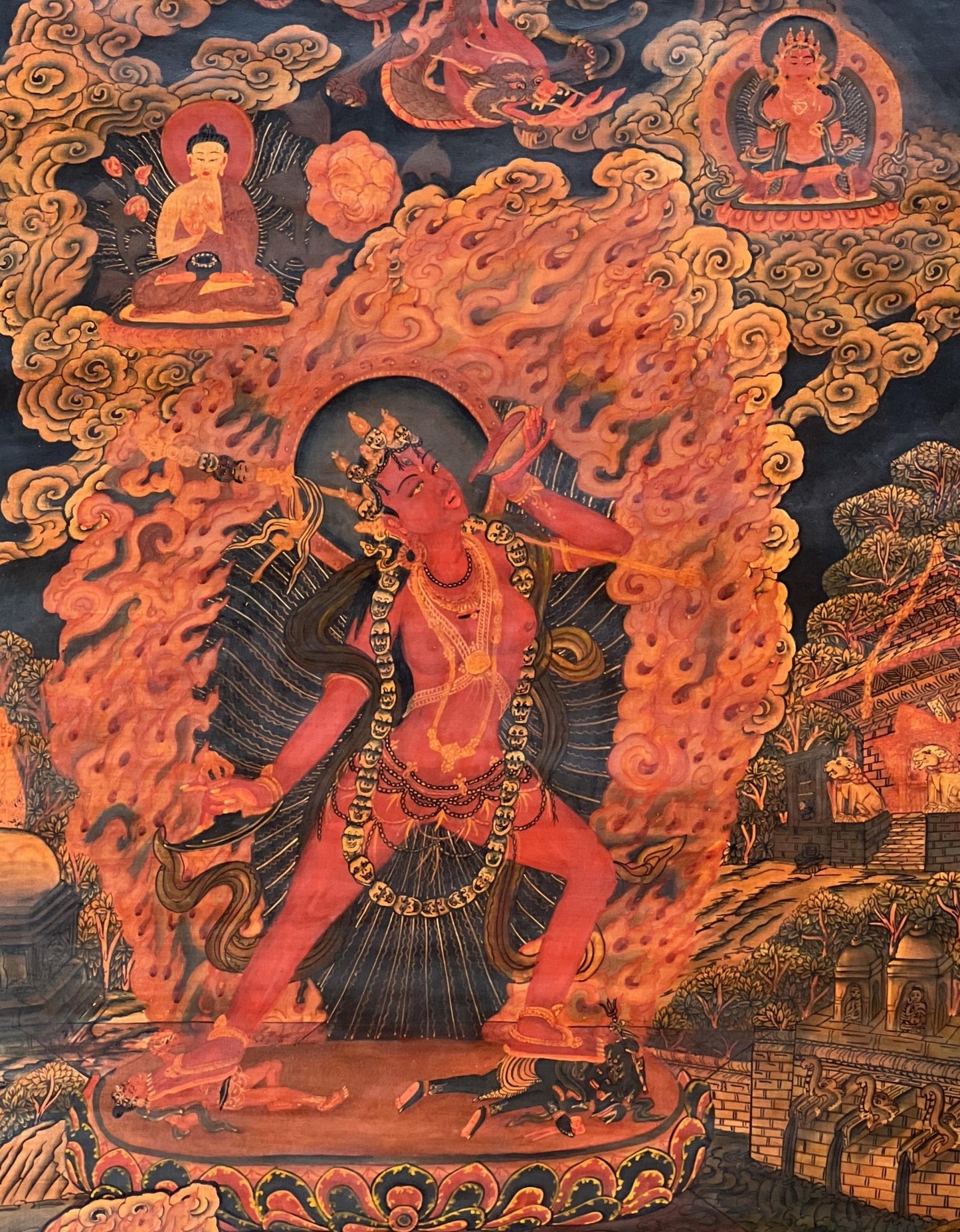 Original Hand - Painted Vajrayogini/ Yogini/ Jogini Old Oil Varnished Masterpiece Newari Paubha/ Pauva Thangka Painting/ Jogini Tantra Art - Tibetan Thangka Art