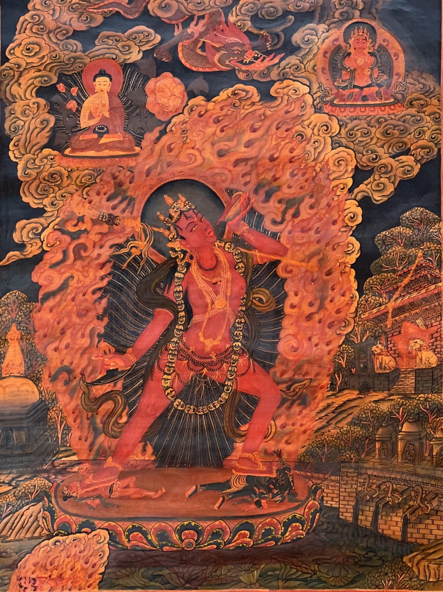 Original Hand - Painted Vajrayogini/ Yogini/ Jogini Old Oil Varnished Masterpiece Newari Paubha/ Pauva Thangka Painting/ Jogini Tantra Art - Tibetan Thangka Art