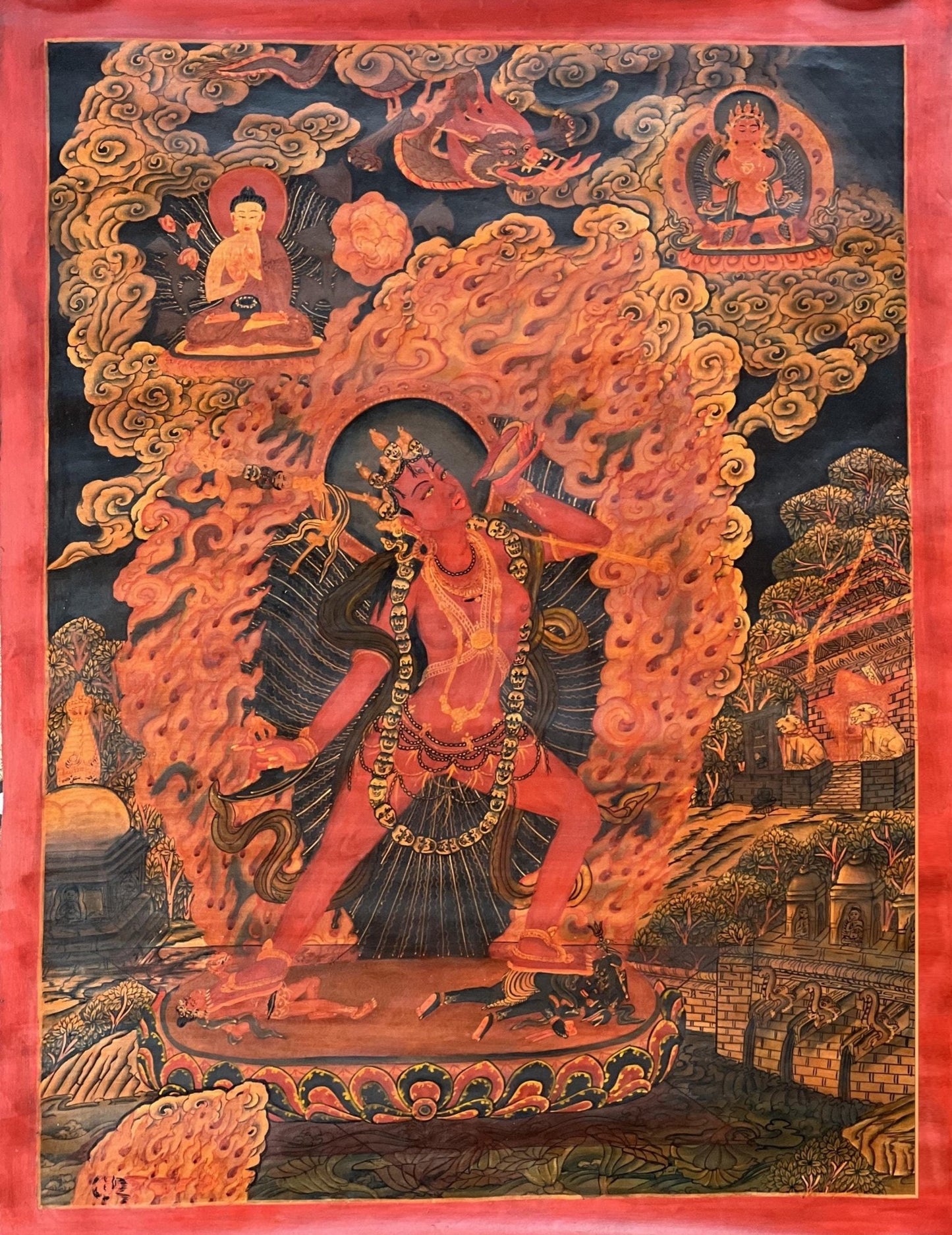 Original Hand - Painted Vajrayogini/ Yogini/ Jogini Old Oil Varnished Masterpiece Newari Paubha/ Pauva Thangka Painting/ Jogini Tantra Art - Tibetan Thangka Art