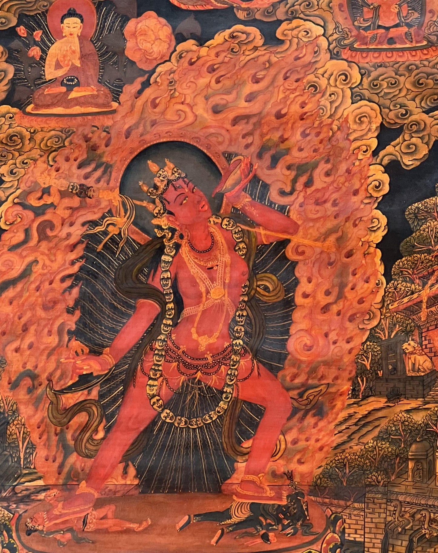 Original Hand - Painted Vajrayogini/ Yogini/ Jogini Old Oil Varnished Masterpiece Newari Paubha/ Pauva Thangka Painting/ Jogini Tantra Art - Tibetan Thangka Art