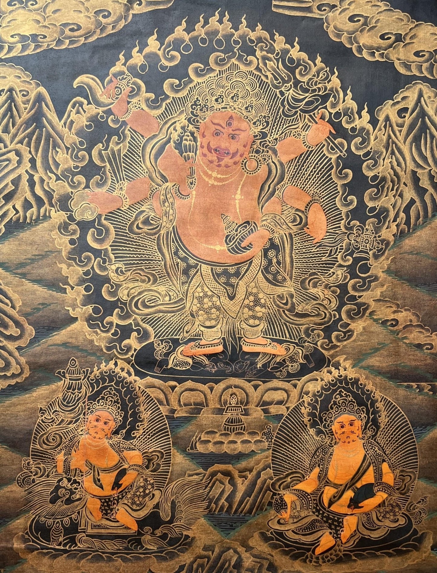 Original Hand Painted White Mahakala / Six Armed Mahakala Oil Varnished Tibetan Compassion Meditation Thangka / Thanka Painting From Nepal - Tibetan Thangka Art
