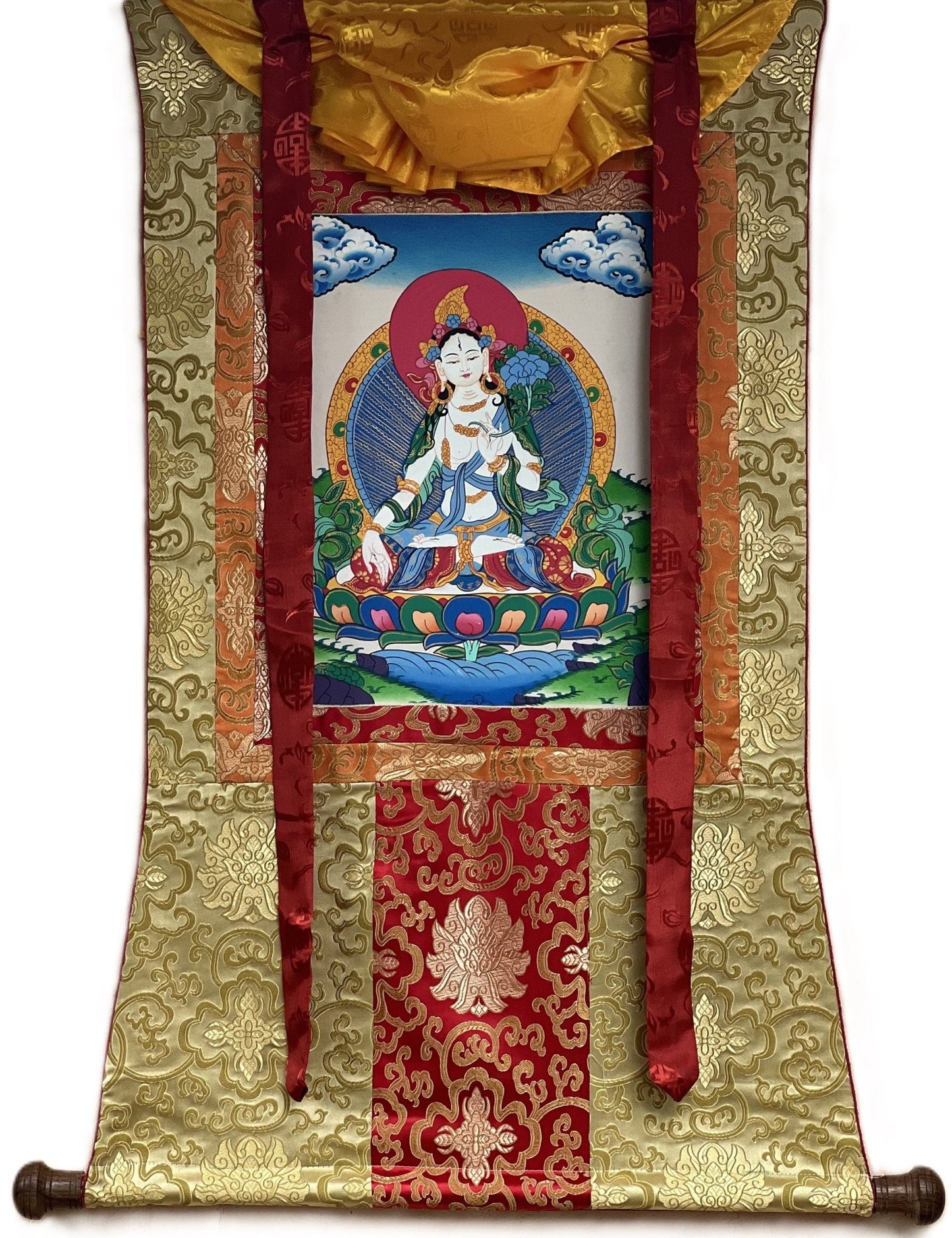 Original Hand - painted White Tara/ Mother Goddess/ Healing and Compassion Tibetan Thangka Painting with Silk Brocade - Tibetan Thangka Art