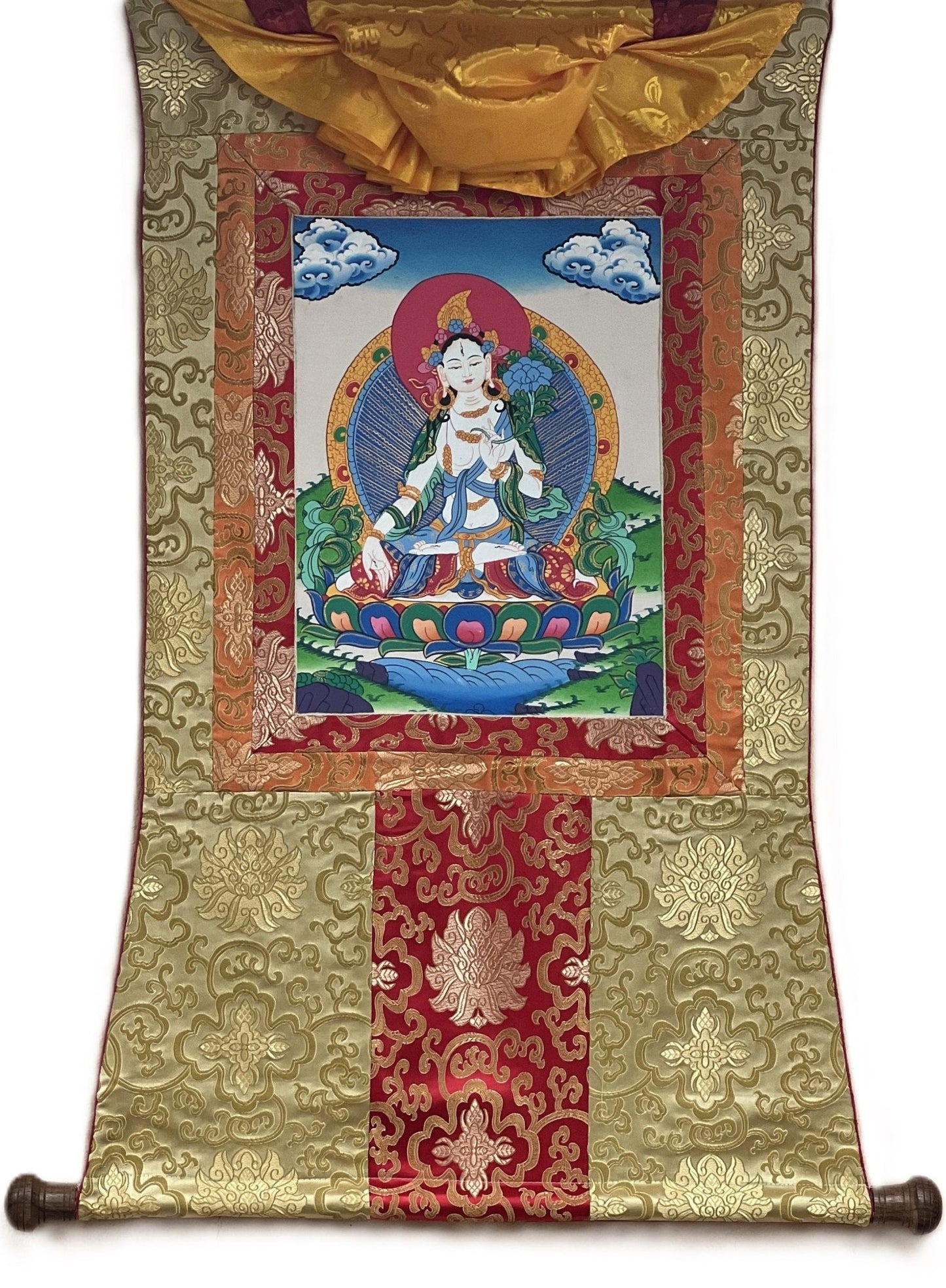 Original Hand - painted White Tara/ Mother Goddess/ Healing and Compassion Tibetan Thangka Painting with Silk Brocade - Tibetan Thangka Art