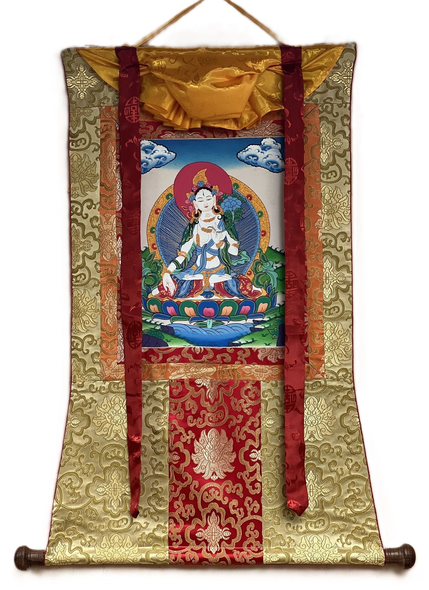Original Hand - painted White Tara/ Mother Goddess/ Healing and Compassion Tibetan Thangka Painting with Silk Brocade - Tibetan Thangka Art