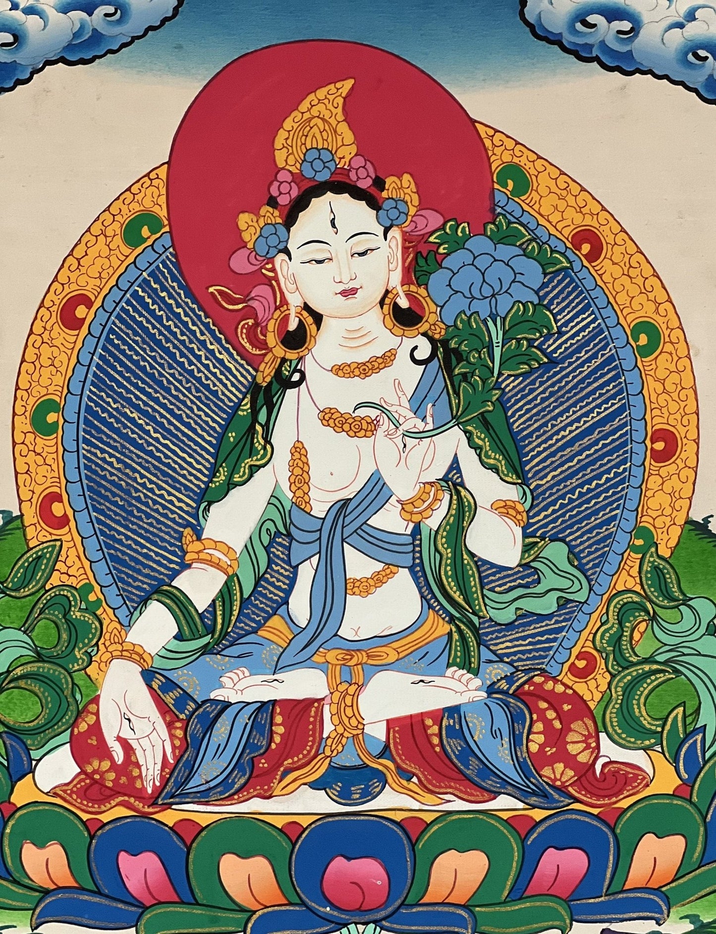 Original Hand - painted White Tara/ Mother Goddess/ Healing and Compassion Tibetan Thangka Painting with Silk Brocade - Tibetan Thangka Art
