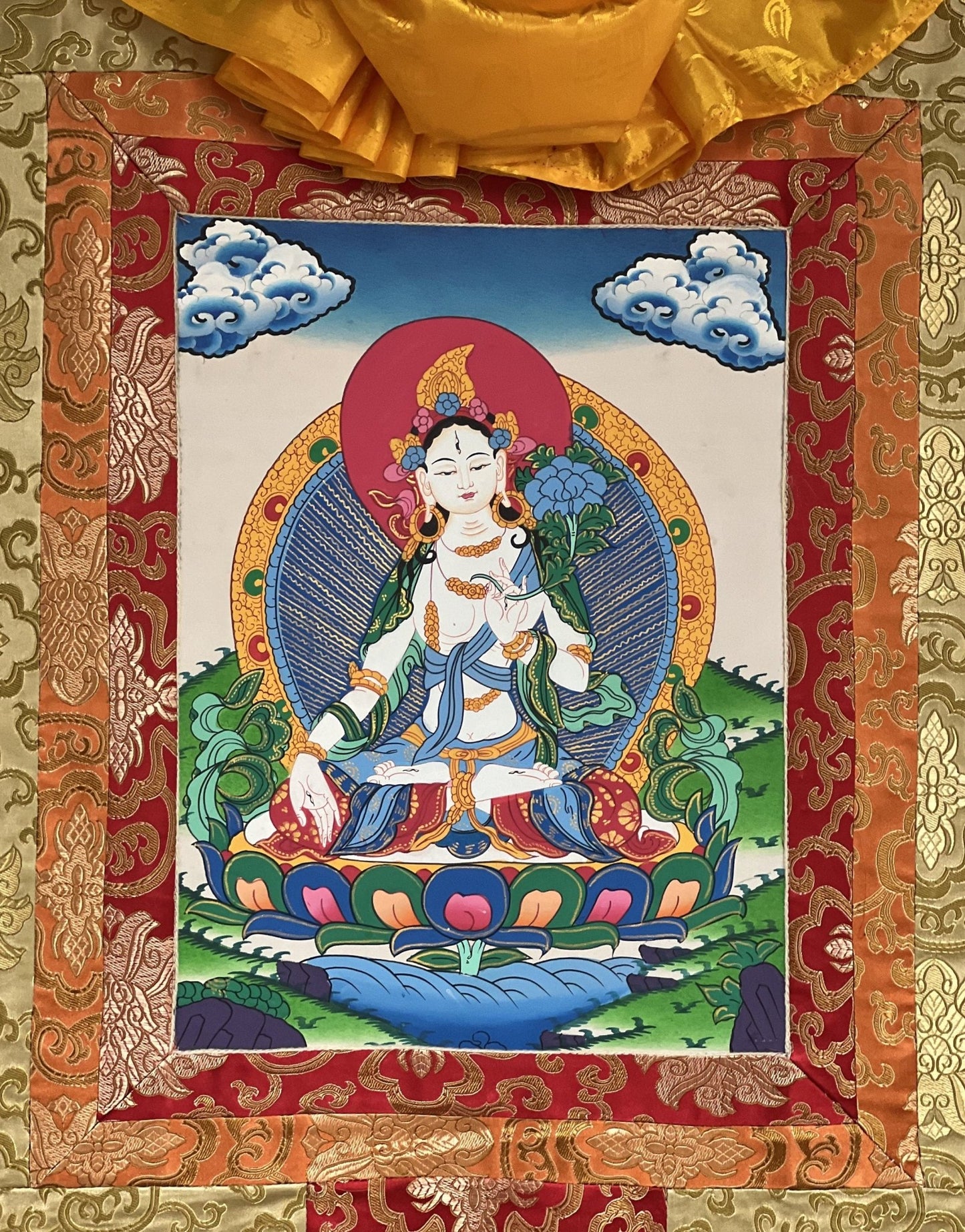 Original Hand - painted White Tara/ Mother Goddess/ Healing and Compassion Tibetan Thangka Painting with Silk Brocade - Tibetan Thangka Art