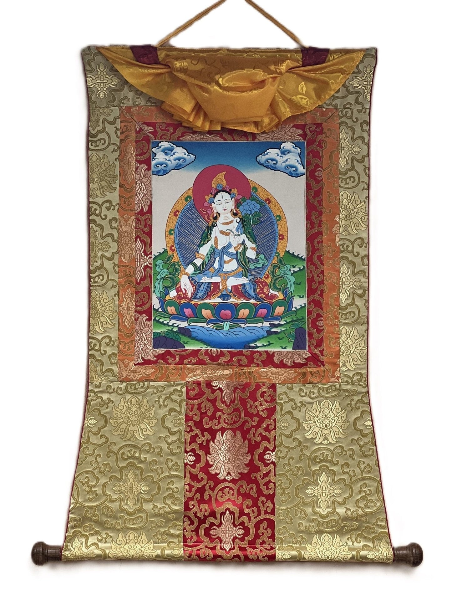 Original Hand - painted White Tara/ Mother Goddess/ Healing and Compassion Tibetan Thangka Painting with Silk Brocade - Tibetan Thangka Art