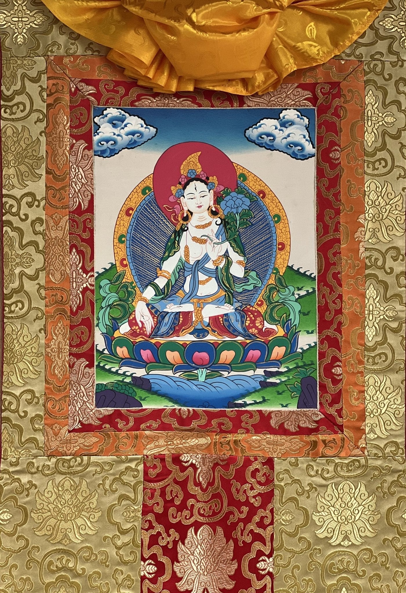 Original Hand - painted White Tara/ Mother Goddess/ Healing and Compassion Tibetan Thangka Painting with Silk Brocade - Tibetan Thangka Art
