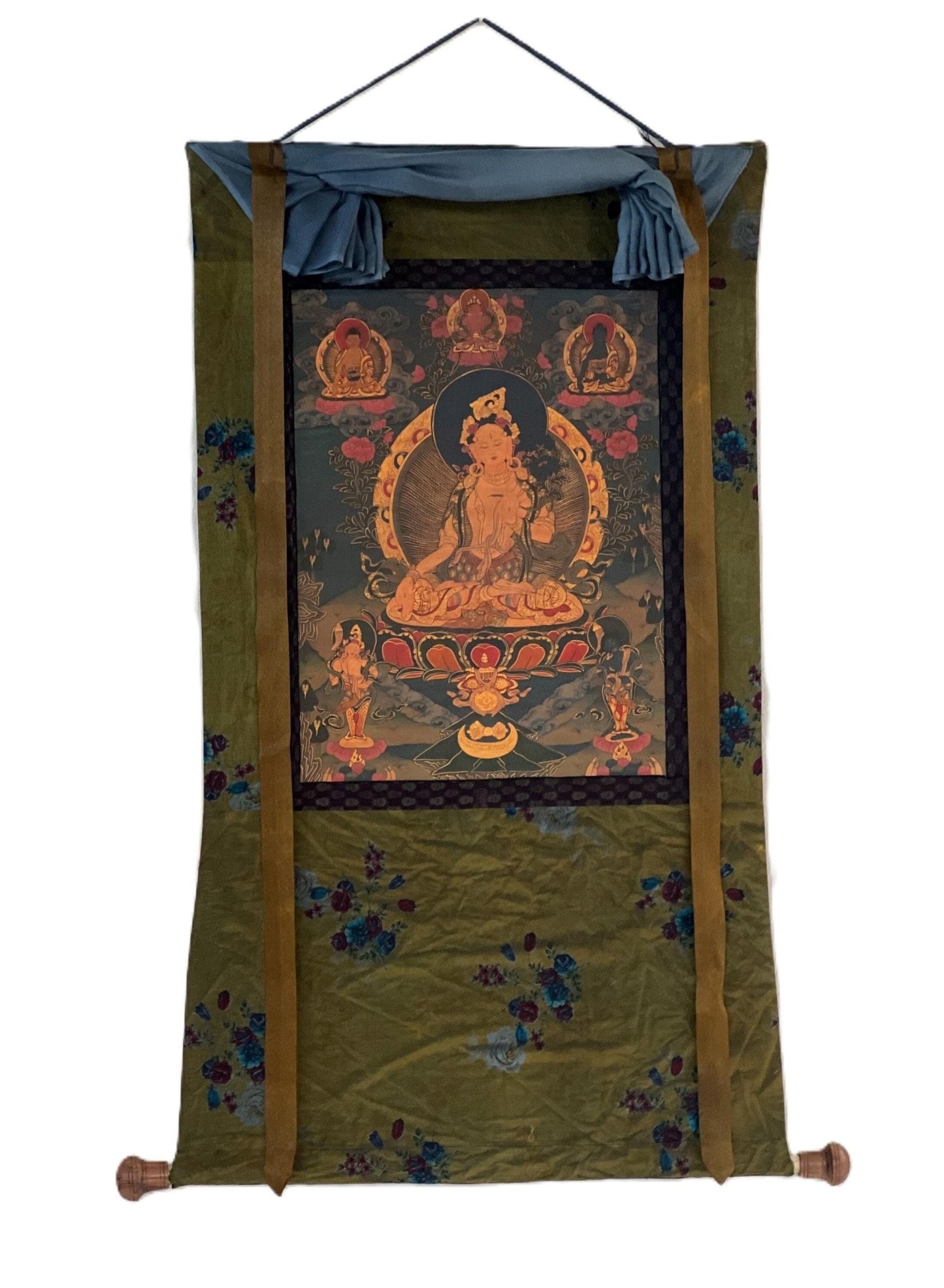 Original Hand - painted White Tara, Mother Goddess OLD OIL VARNISHED Tibetan Thangka Painting/Compassion Meditation Art with Cotton Brocade - Tibetan Thangka Art