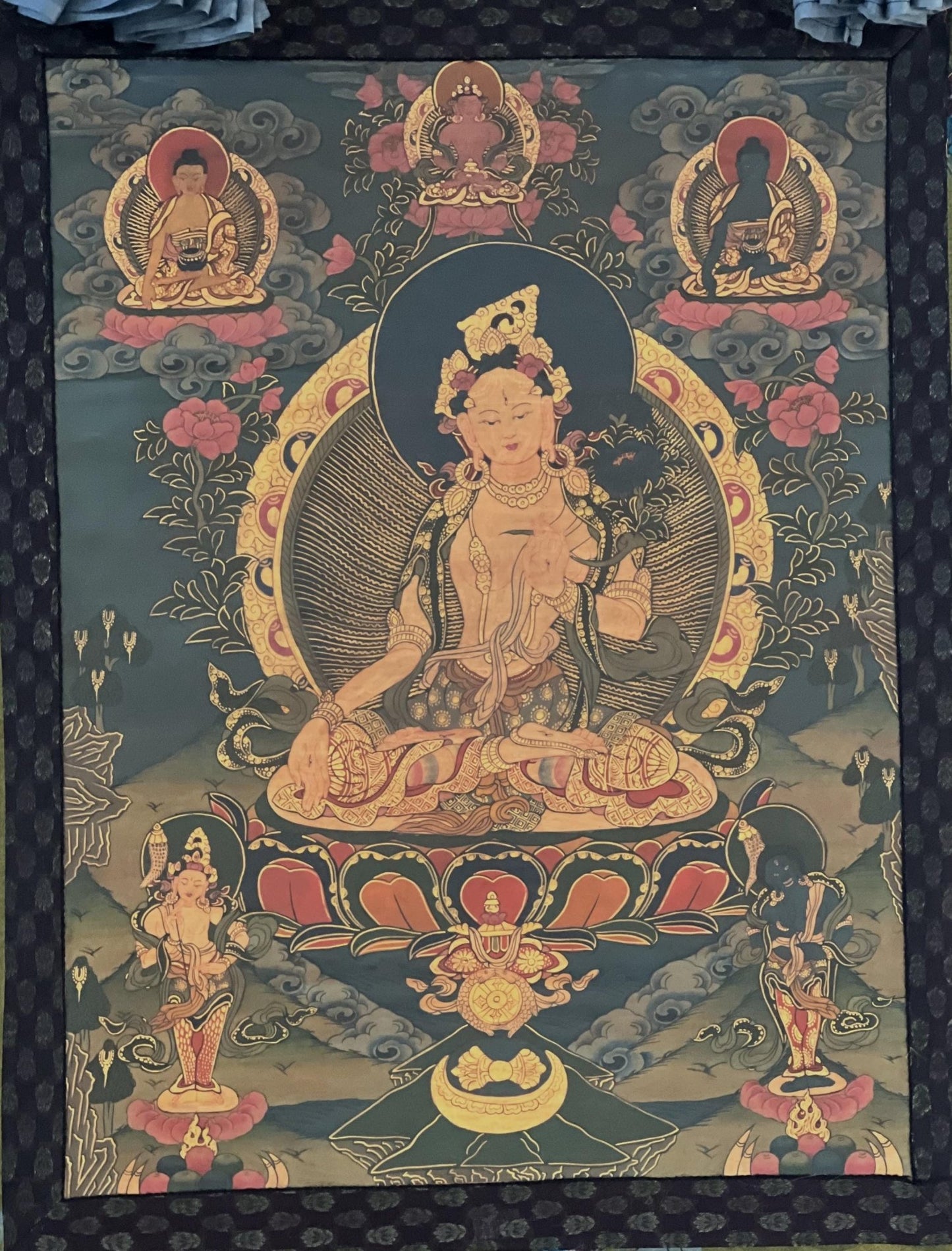 Original Hand - painted White Tara, Mother Goddess OLD OIL VARNISHED Tibetan Thangka Painting/Compassion Meditation Art with Cotton Brocade - Tibetan Thangka Art