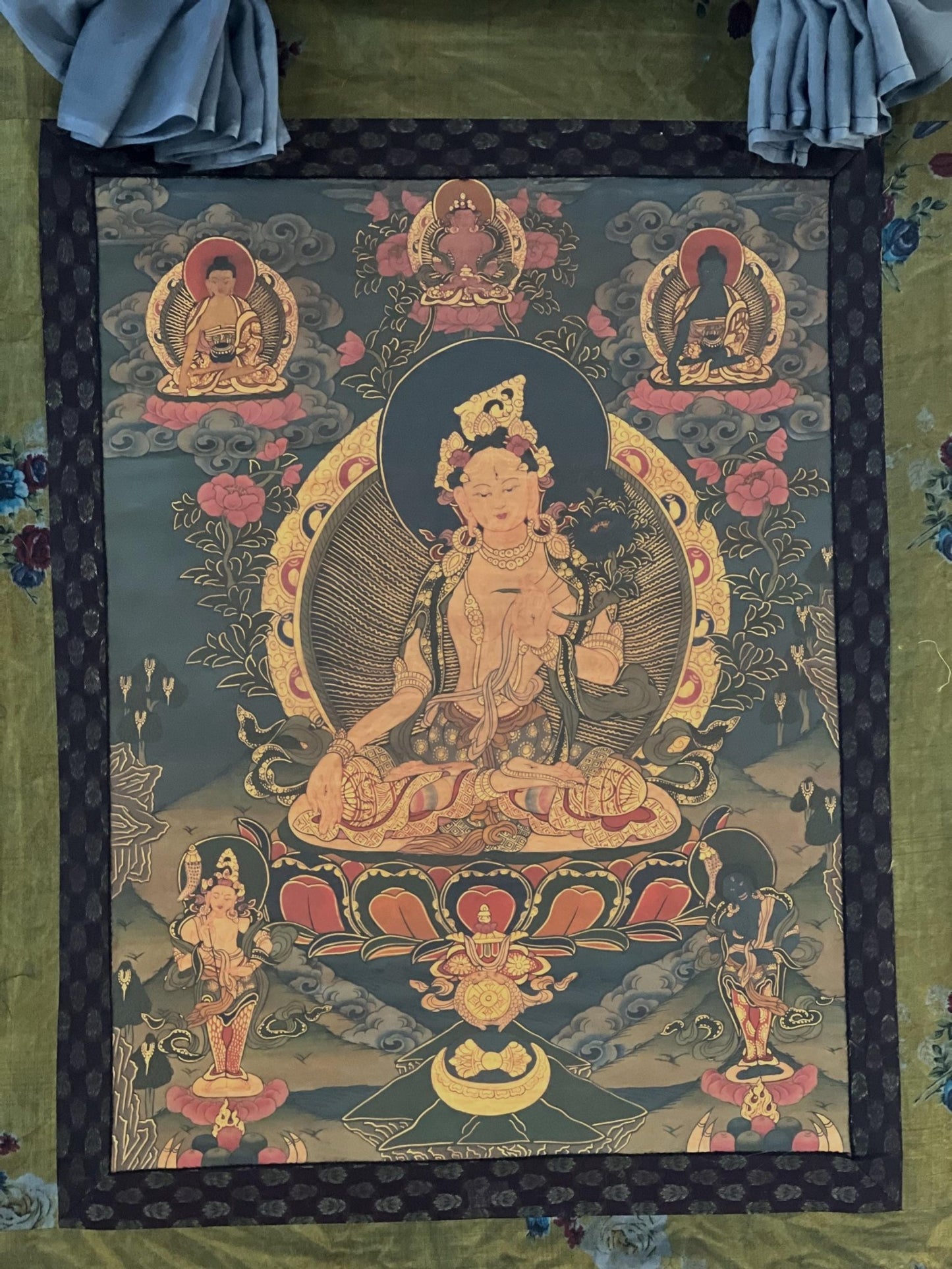 Original Hand - painted White Tara, Mother Goddess OLD OIL VARNISHED Tibetan Thangka Painting/Compassion Meditation Art with Cotton Brocade - Tibetan Thangka Art