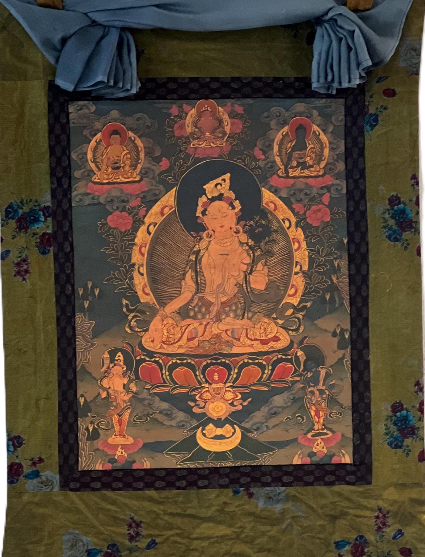 Original Hand - painted White Tara, Mother Goddess OLD OIL VARNISHED Tibetan Thangka Painting/Compassion Meditation Art with Cotton Brocade - Tibetan Thangka Art