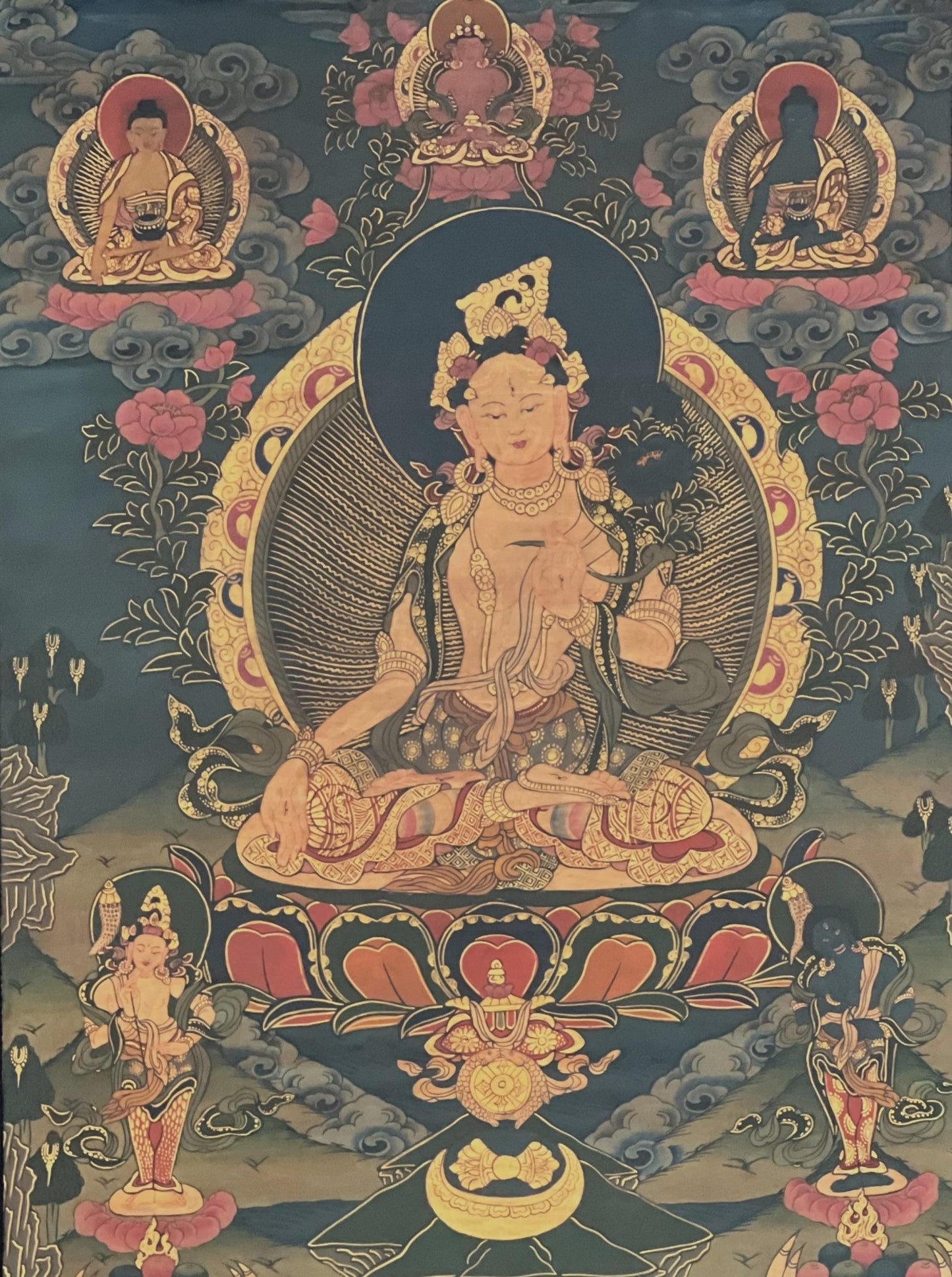 Original Hand - painted White Tara, Mother Goddess OLD OIL VARNISHED Tibetan Thangka Painting/Compassion Meditation Art with Cotton Brocade - Tibetan Thangka Art