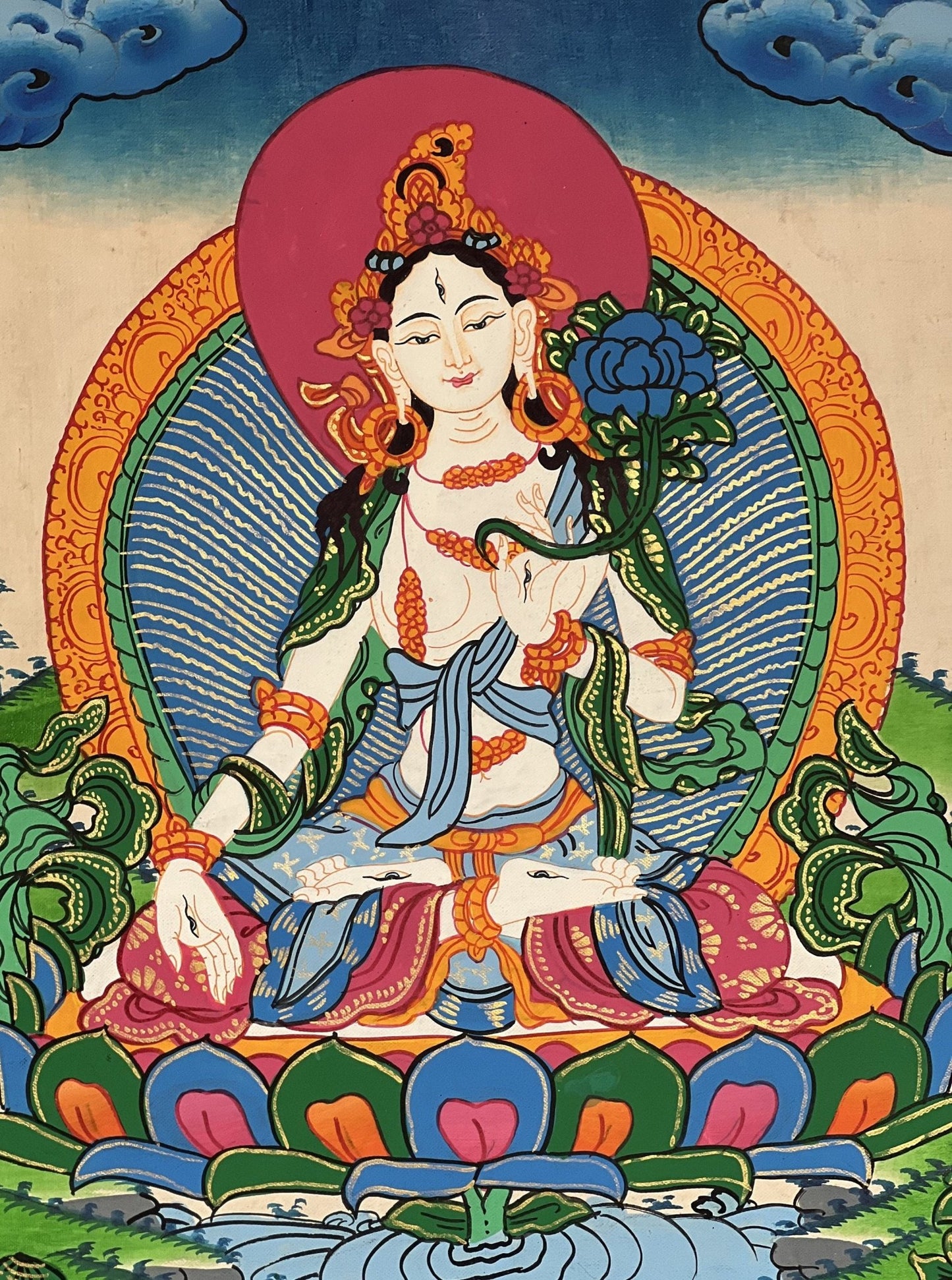 Original Hand - painted White Tara / Mother Goddess Tara Tibetan Wall Hanging Thanka /Thangka / Painting Compassion Meditation Art from Nepal - Tibetan Thangka Art