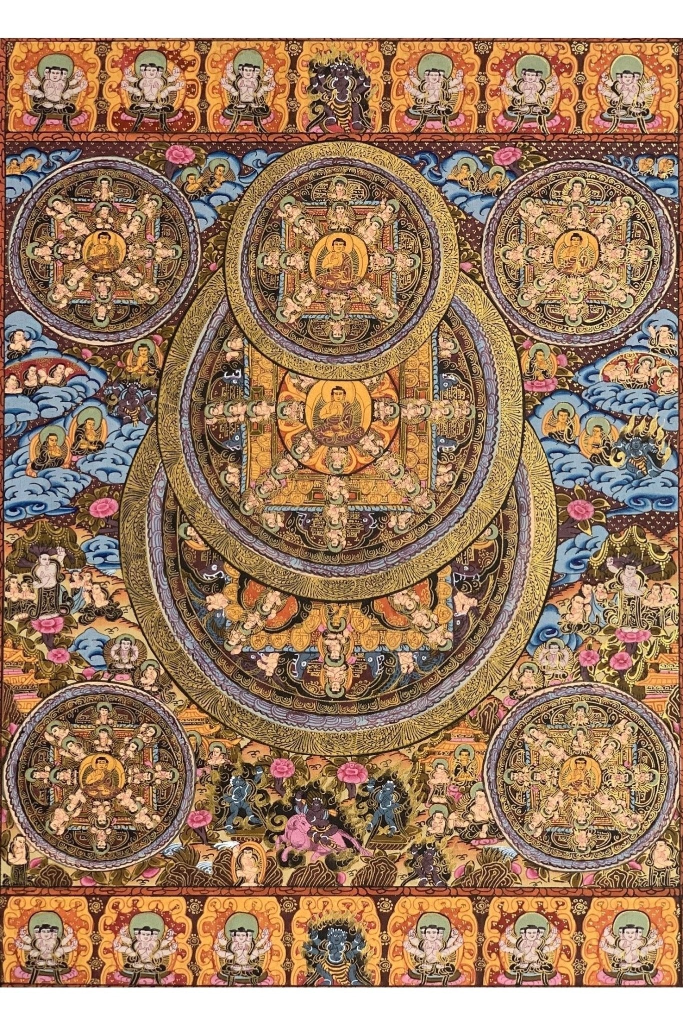 Pancha (Five) Buddha/ Big Circle Mandala Tibetan Thangka Painting, Original Sacred Meditation Art - Tibetan Thangka Art