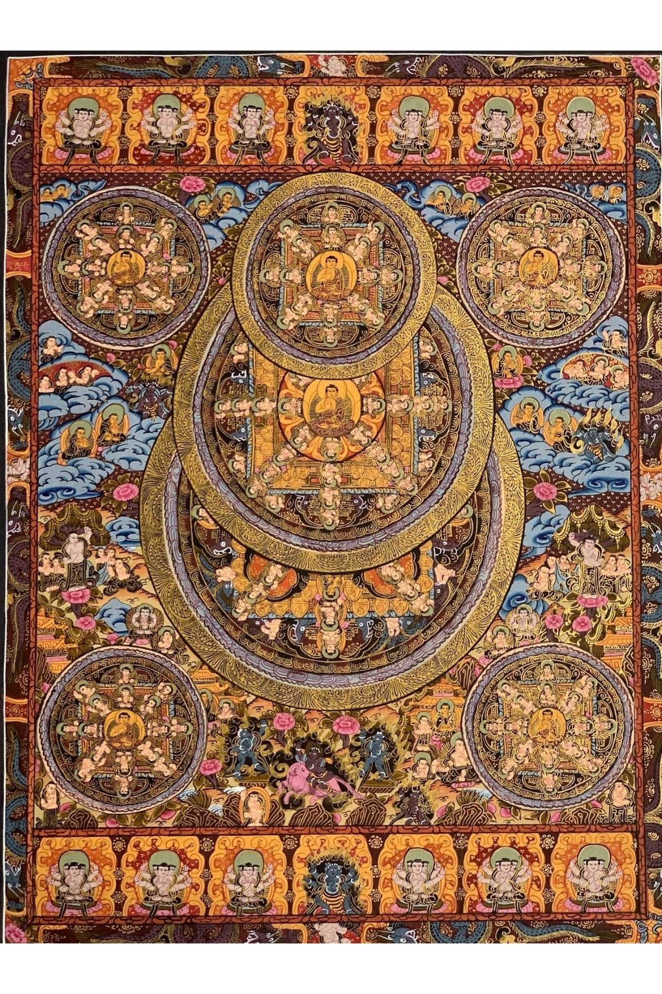 Pancha (Five) Buddha/ Big Circle Mandala Tibetan Thangka Painting, Original Sacred Meditation Art - Tibetan Thangka Art
